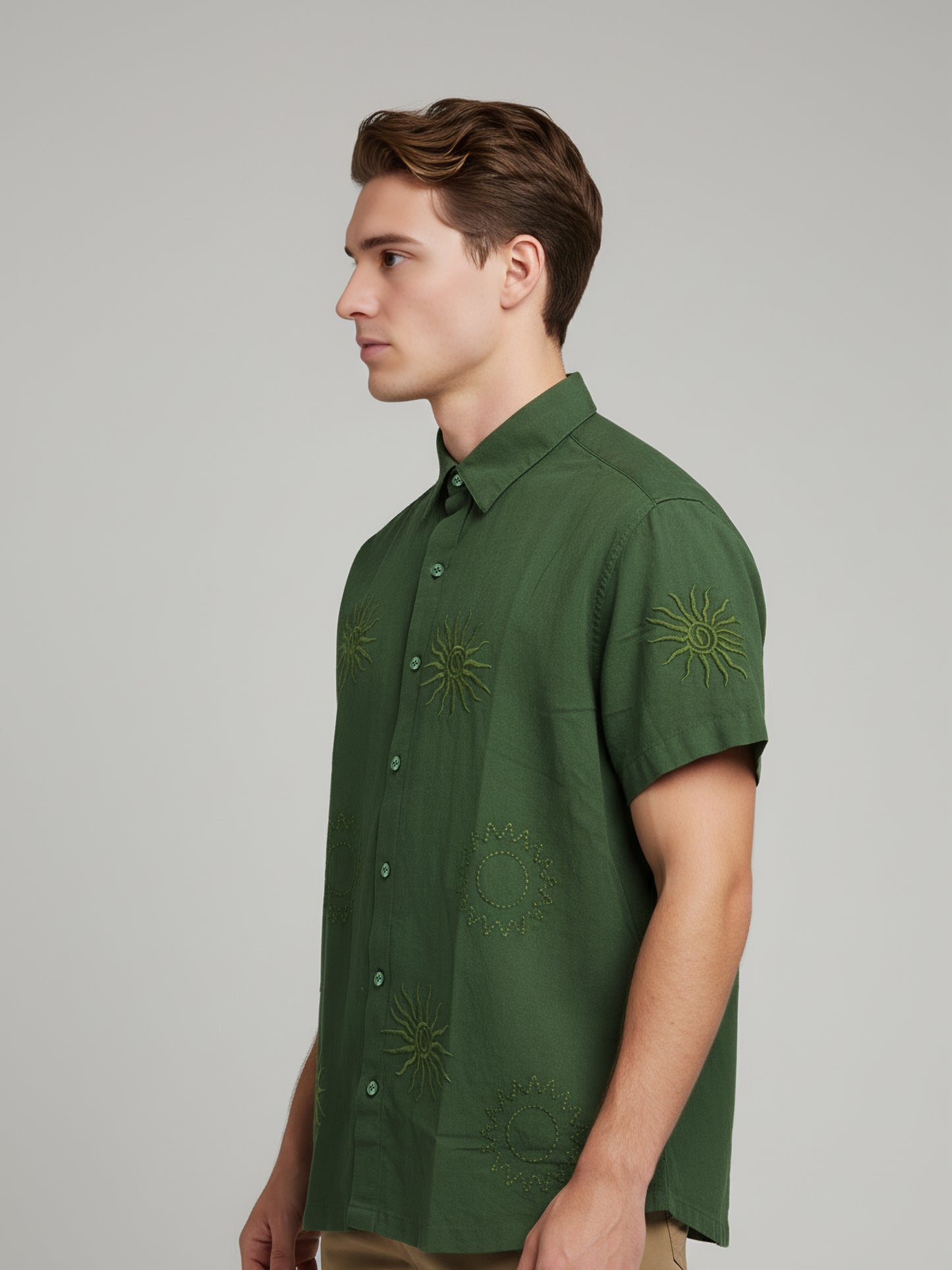 Celio* Men Olive Embroidered Regular Fit Cotton Shirts