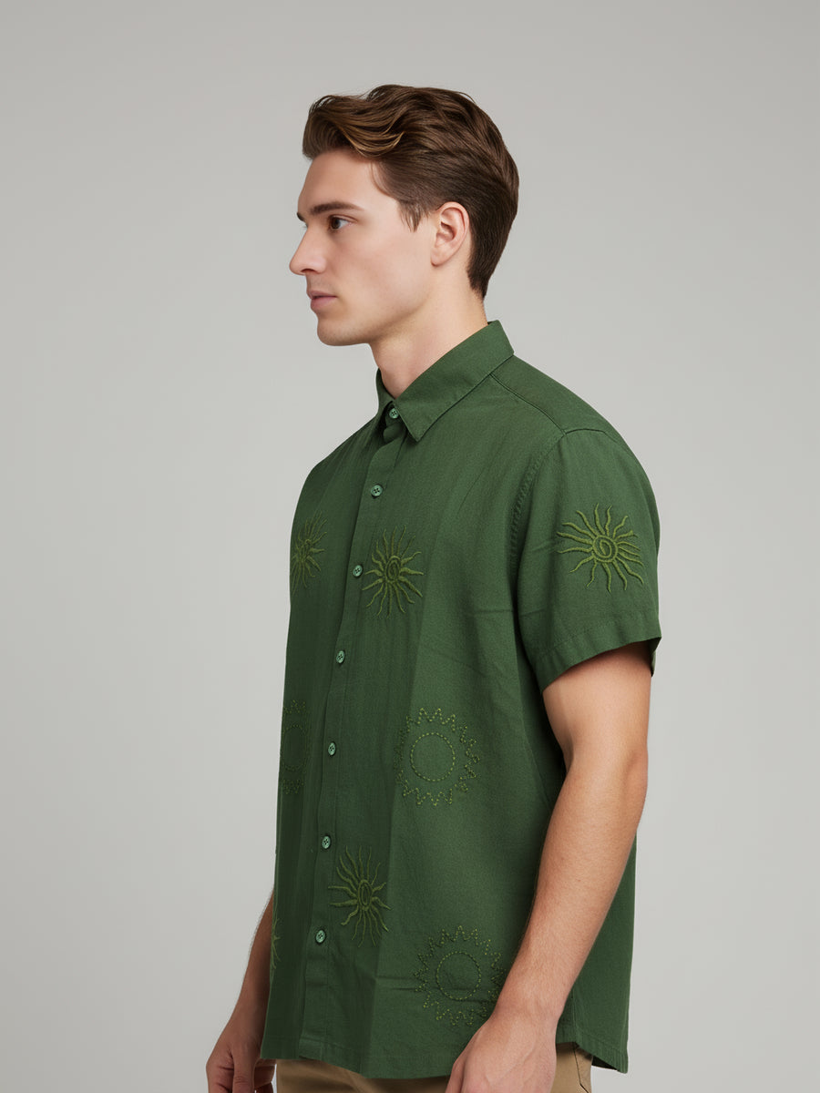 Celio* Embroidered Regular Fit Men Olive Cotton Shirts
