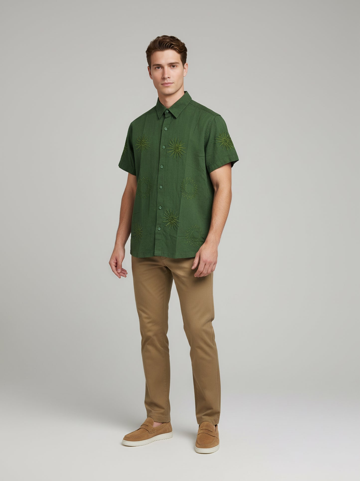 Celio* Men Olive Embroidered Regular Fit Cotton Shirts
