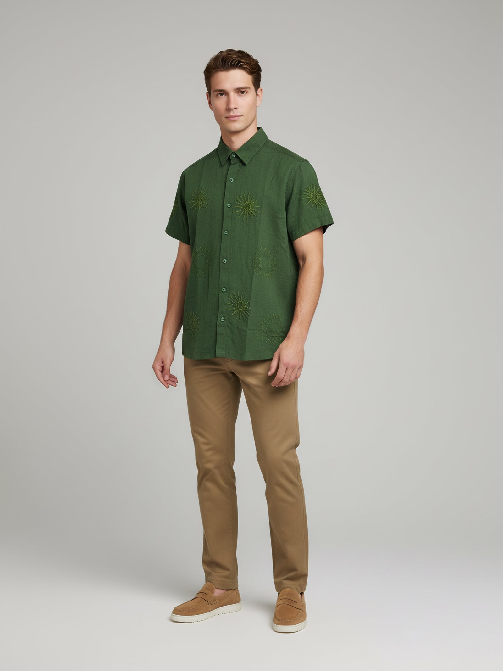 Celio* Embroidered Regular Fit Men Olive Cotton Shirts