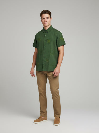 Celio* Men Olive Embroidered Regular Fit Cotton Shirts
