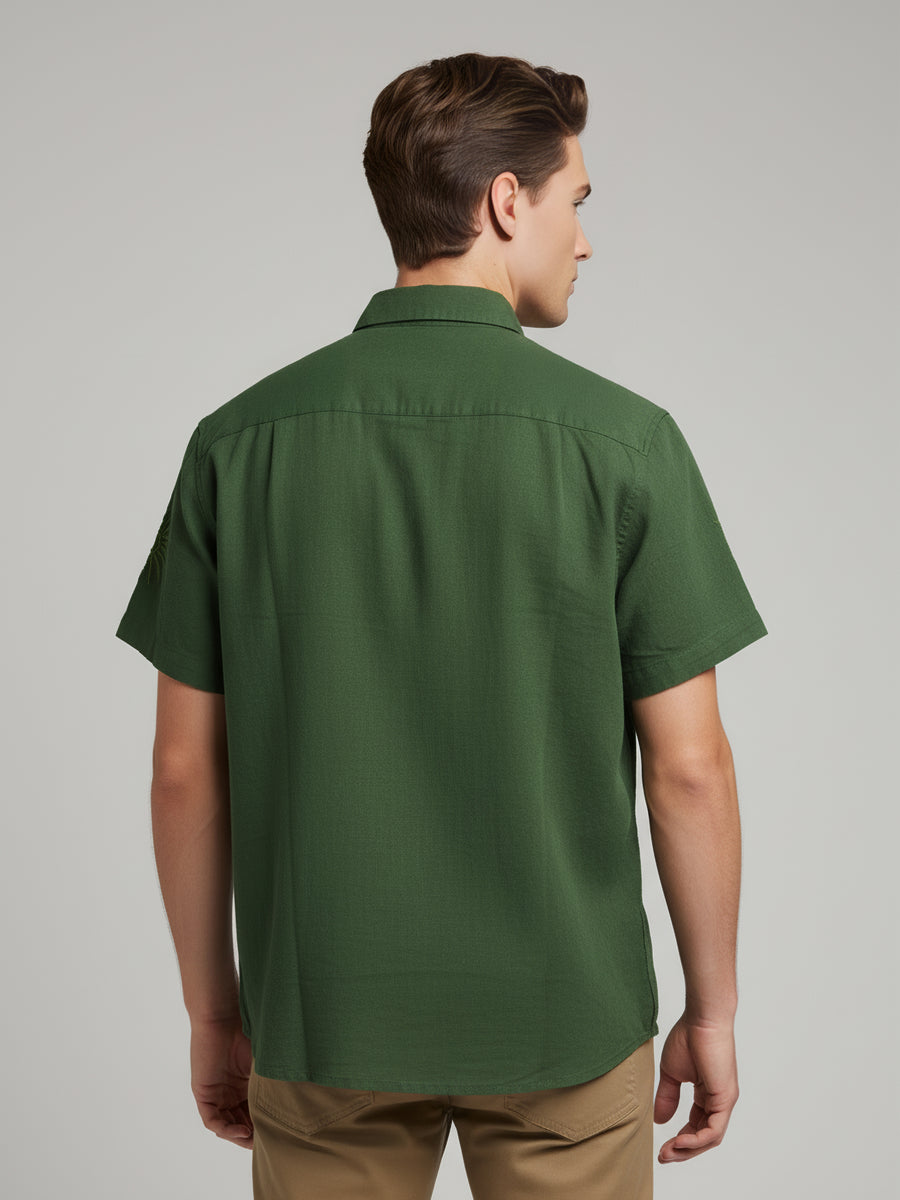Celio* Embroidered Regular Fit Men Olive Cotton Shirts