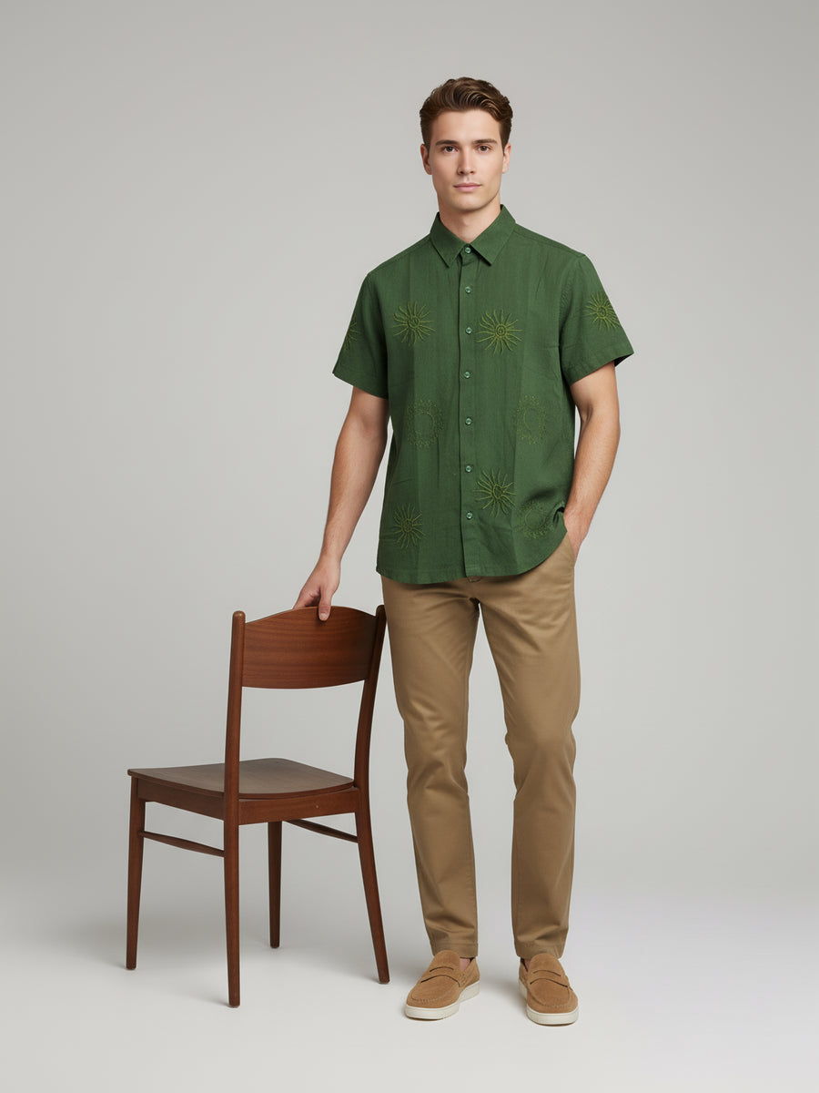 Celio* Embroidered Regular Fit Men Olive Cotton Shirts