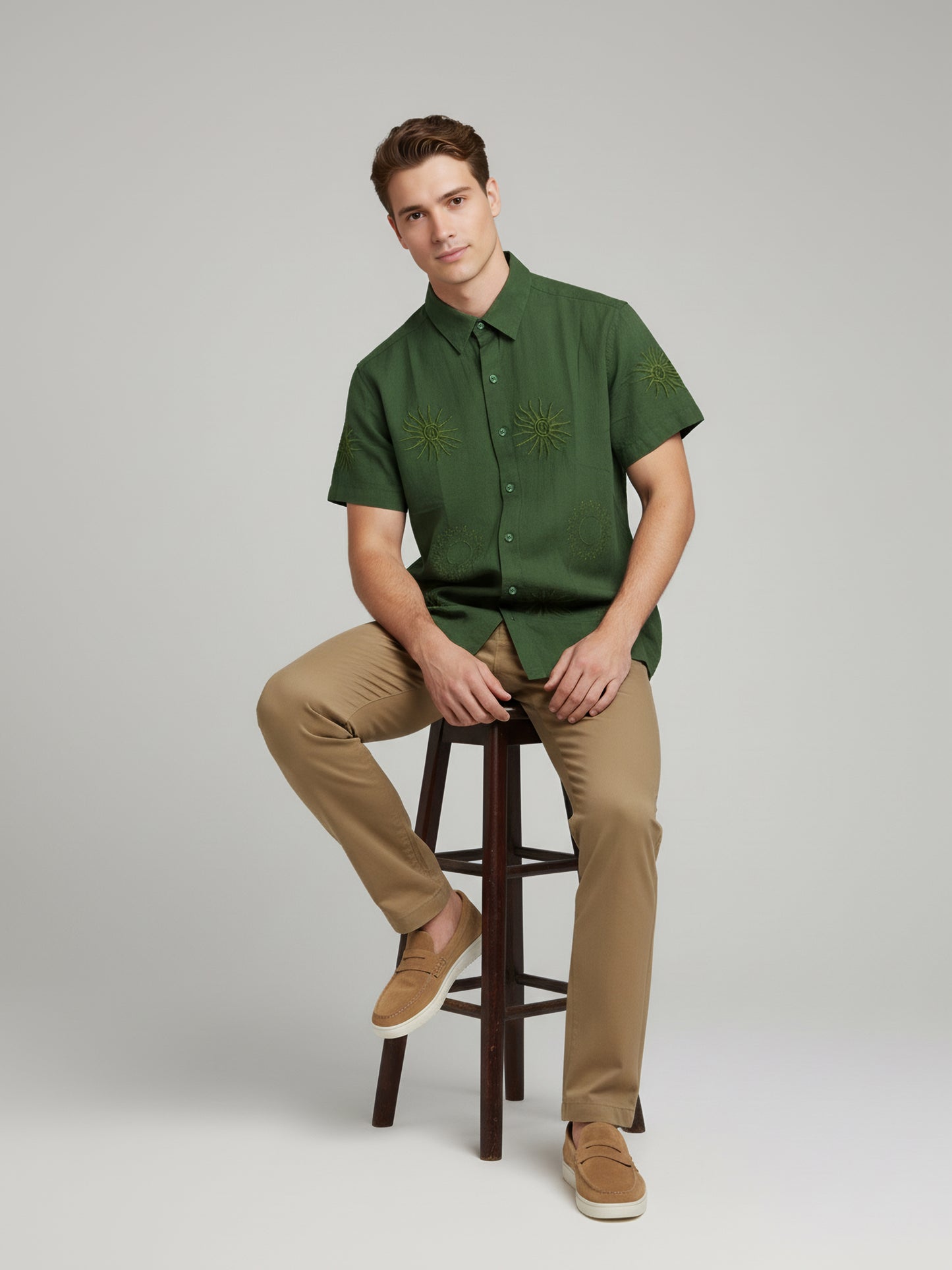 Celio* Men Olive Embroidered Regular Fit Cotton Shirts