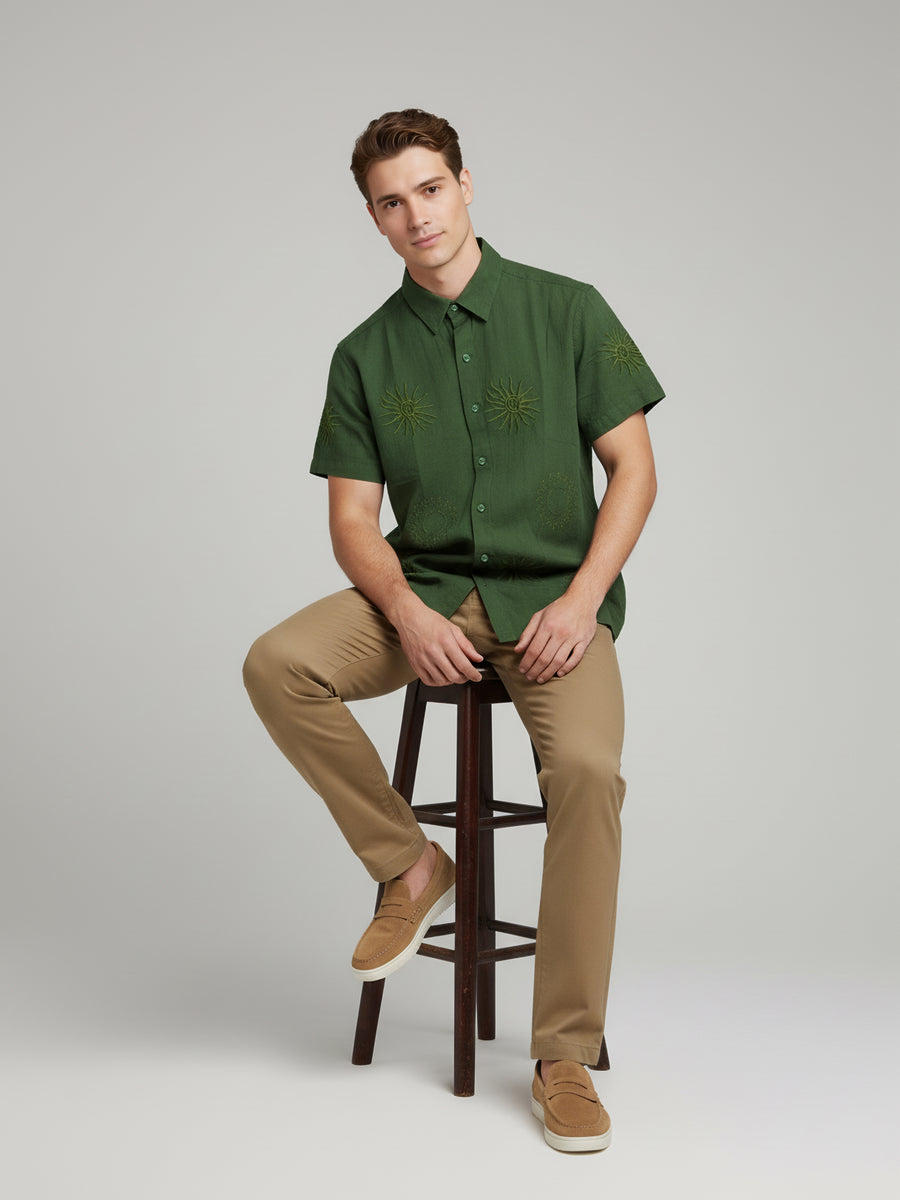 Celio* Embroidered Regular Fit Men Olive Cotton Shirts
