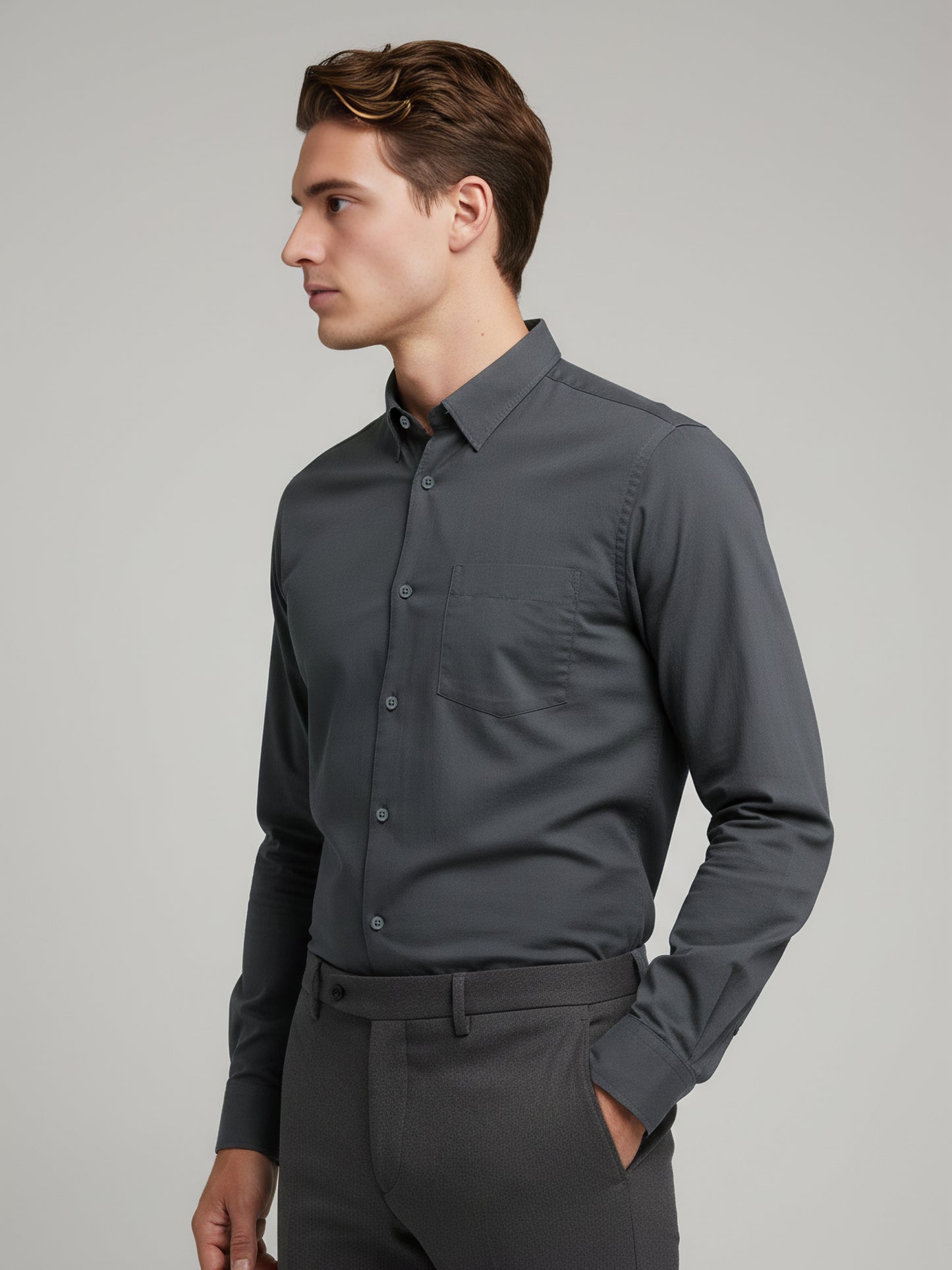 *Celio Men Grey Solid Regular Fit Cotton Shirts