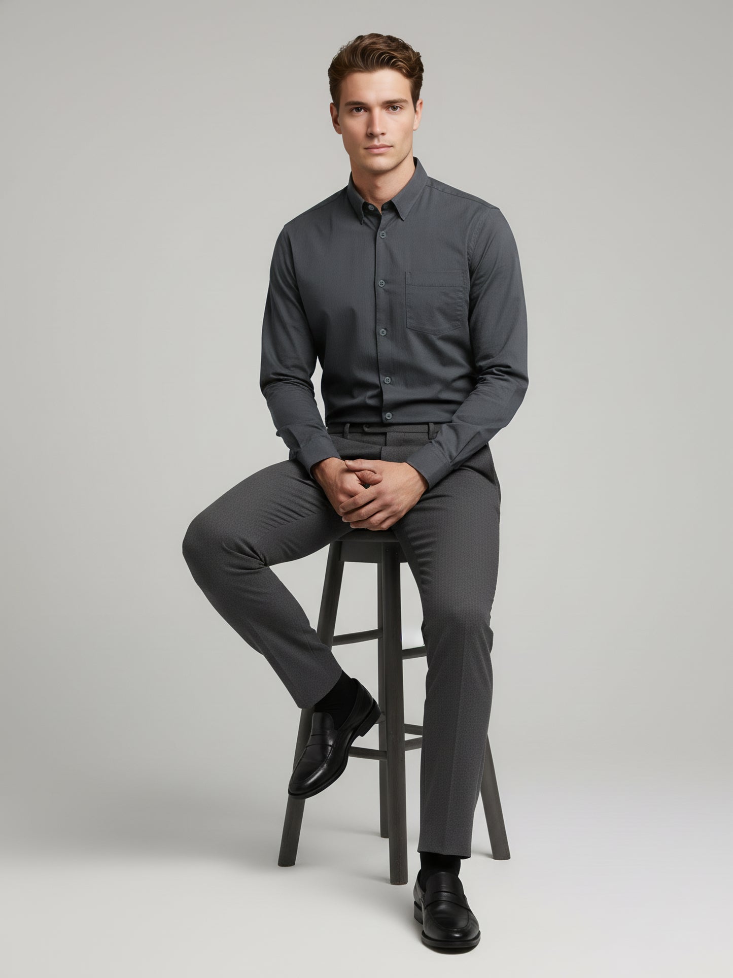 *Celio Men Grey Solid Regular Fit Cotton Shirts