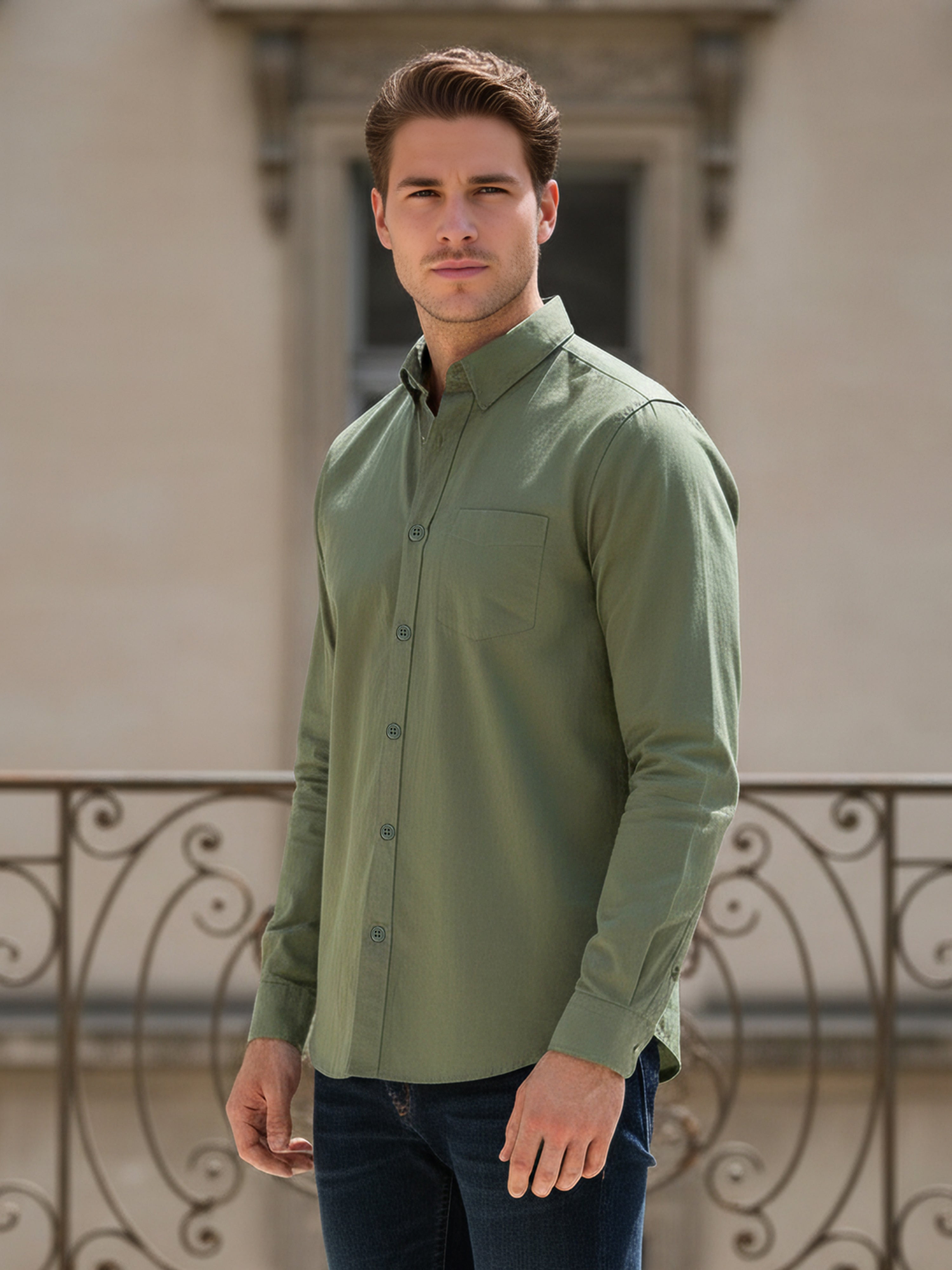 *Celio Men Olive Solid Regular Fit Cotton Shirts