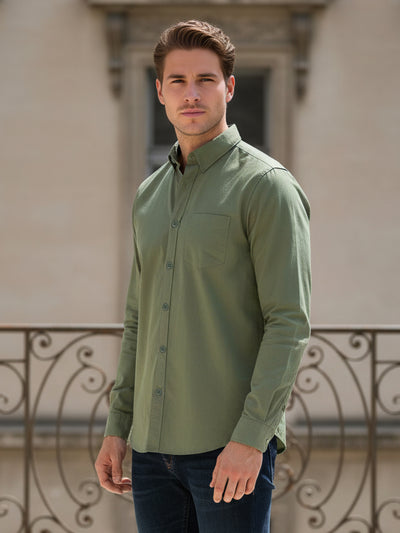 Celio Men Olive Solid Regular Fit Cotton Shirts