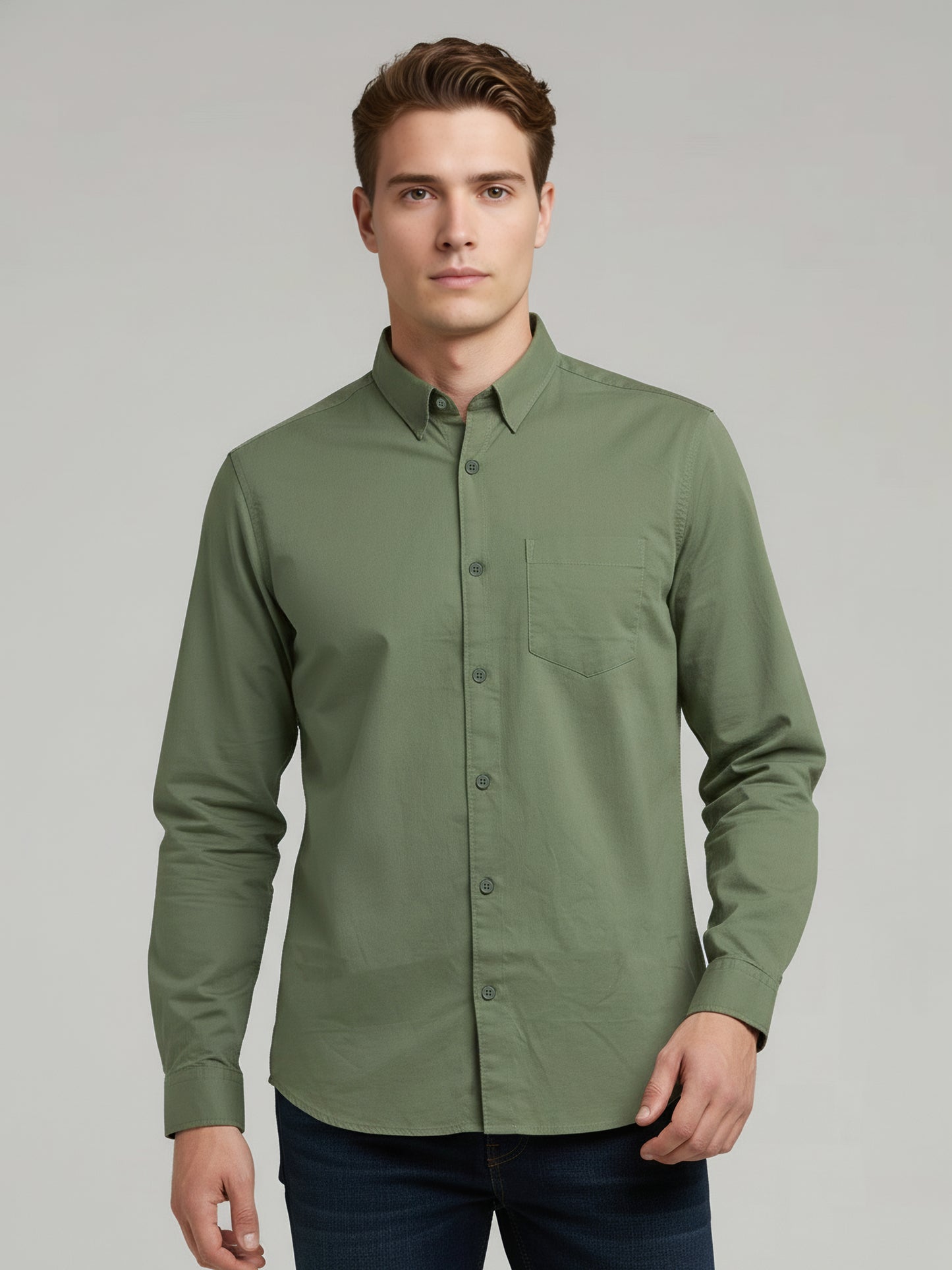*Celio Men Olive Solid Regular Fit Cotton Shirts
