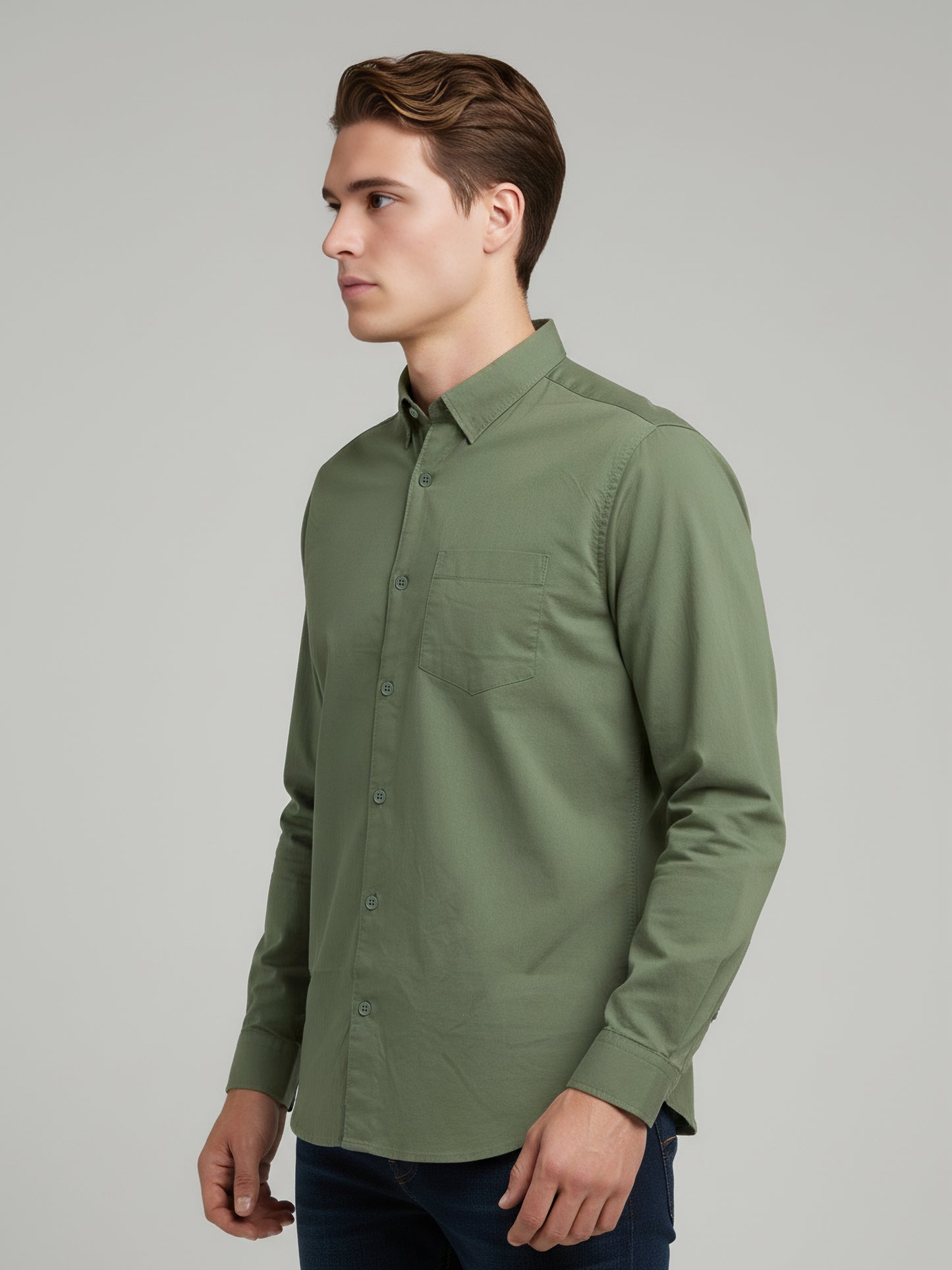 *Celio Men Olive Solid Regular Fit Cotton Shirts