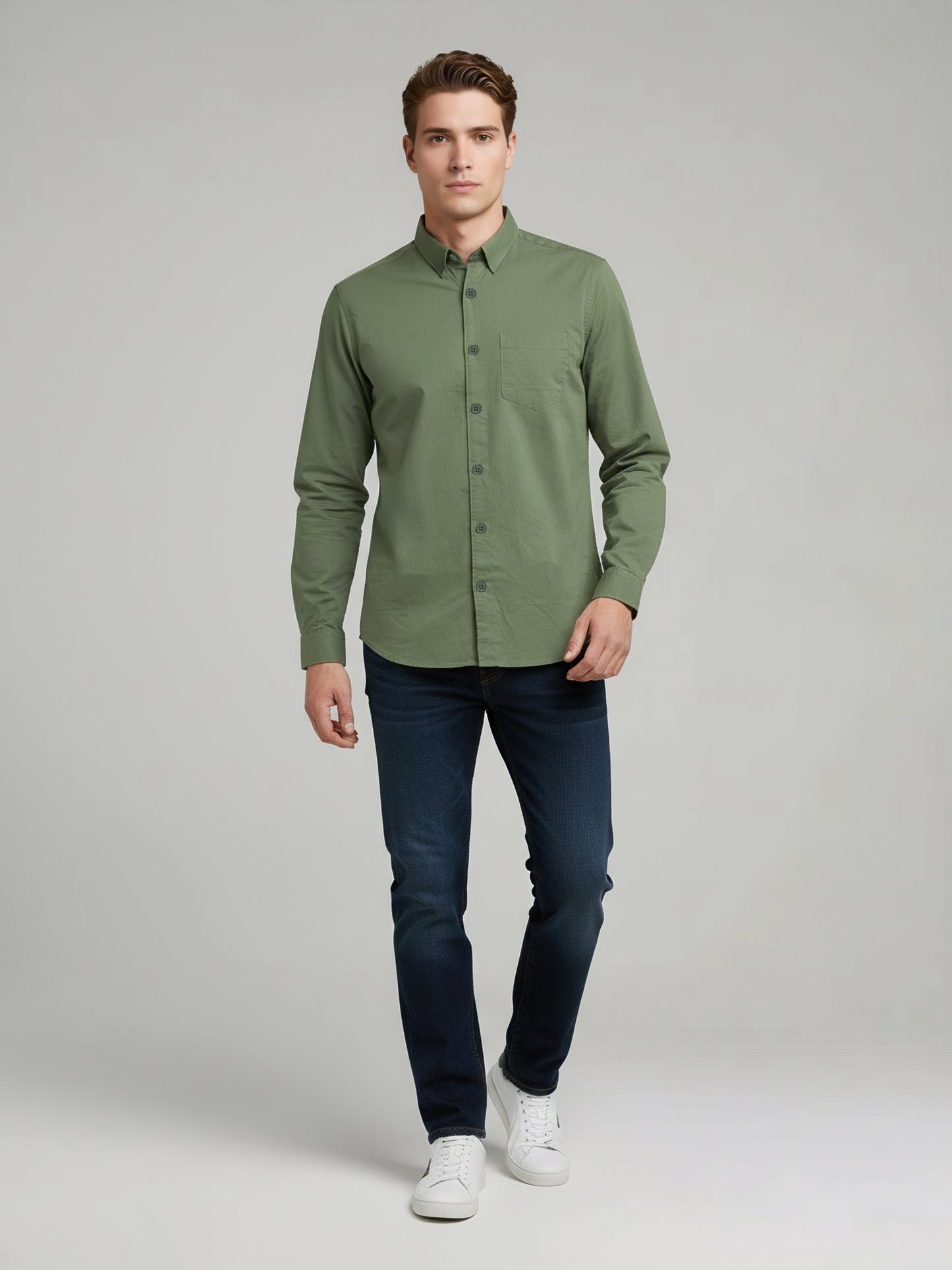 *Celio Men Olive Solid Regular Fit Cotton Shirts