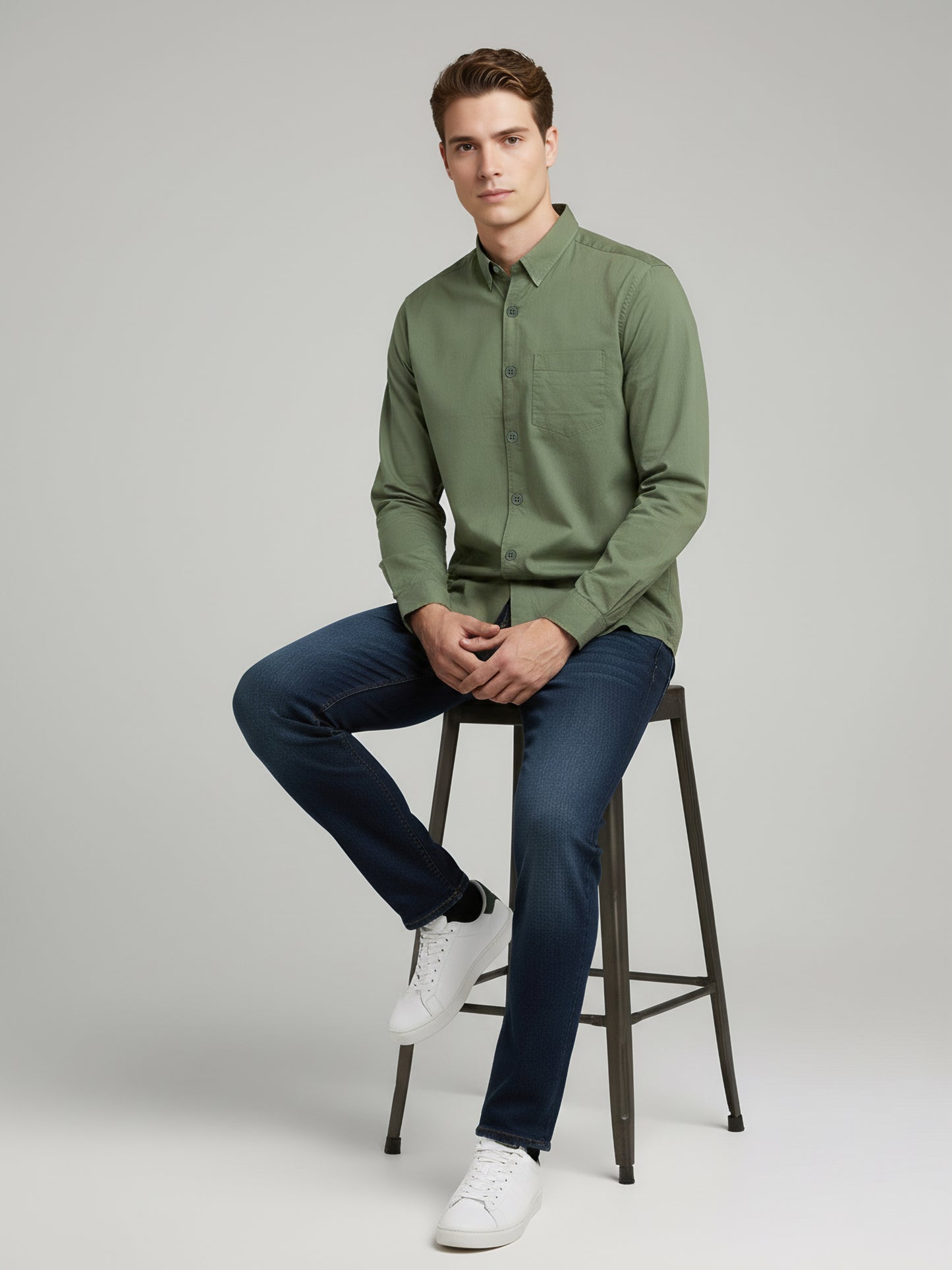 *Celio Men Olive Solid Regular Fit Cotton Shirts