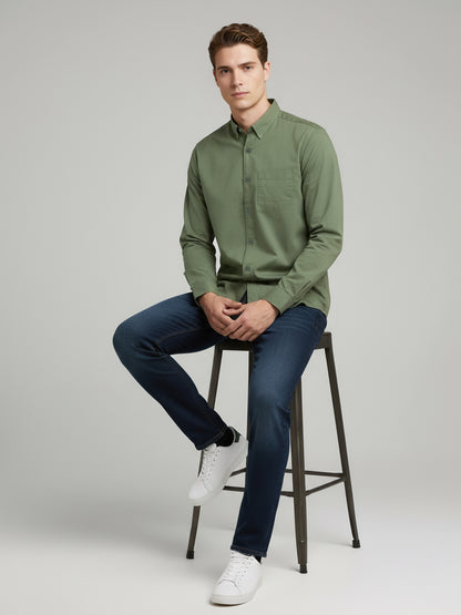 *Celio Men Olive Solid Regular Fit Cotton Shirts