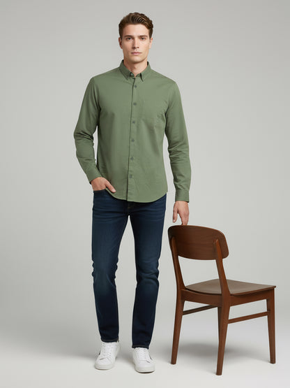 *Celio Men Olive Solid Regular Fit Cotton Shirts