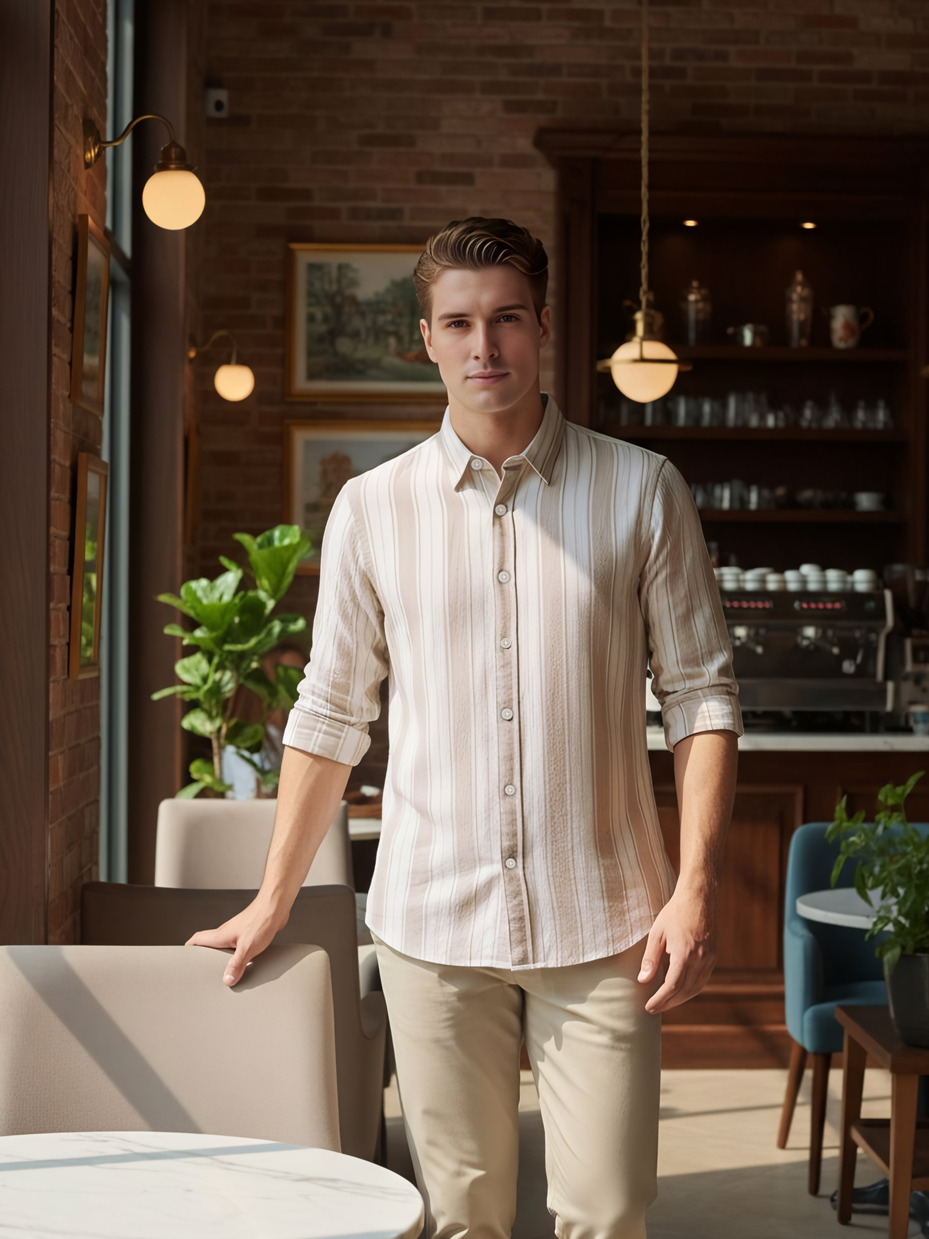 Celio Men Beige Striped Regular Fit Cotton Shirts