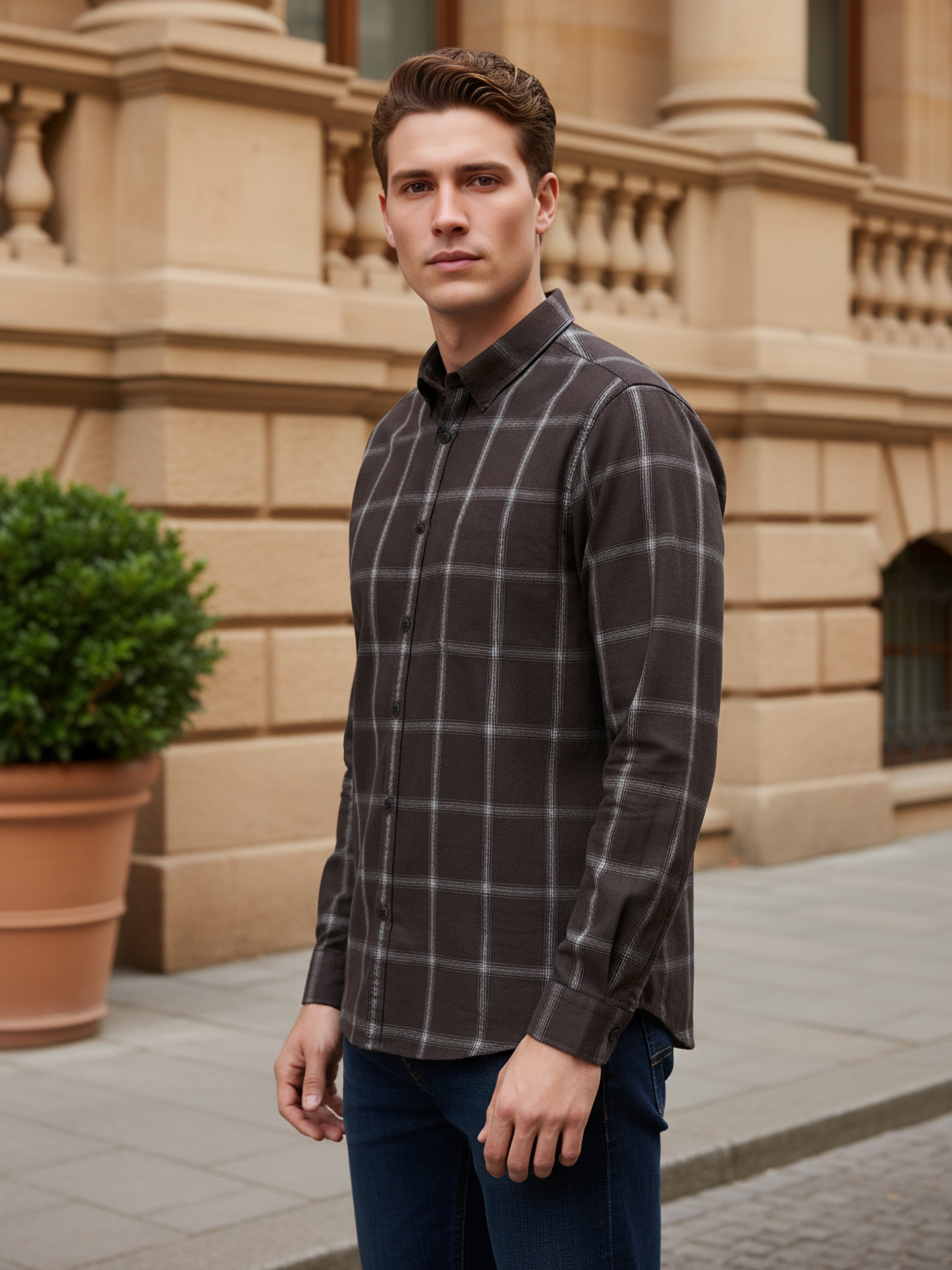 Celio Men Brown Checked Regular Fit Cotton Shirts