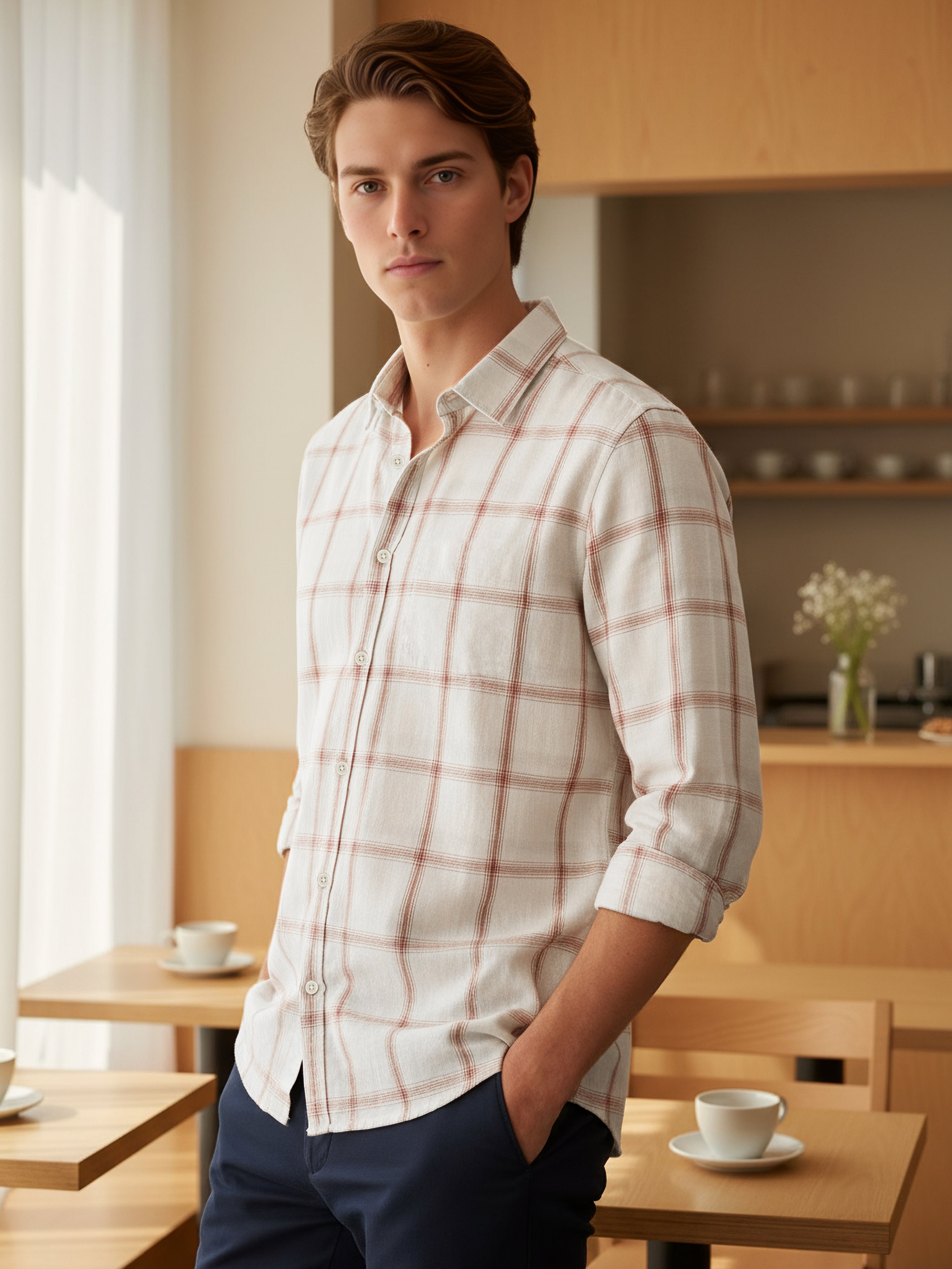 Celio Men Beige Checked Regular Fit Cotton Shirts