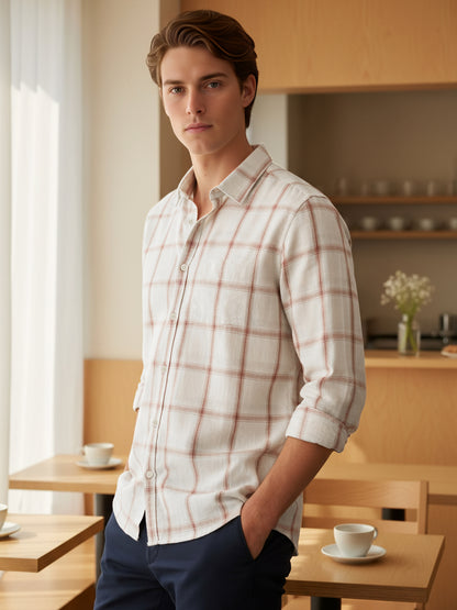 Celio* Men Beige Checked Regular Fit Cotton Shirts