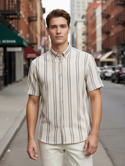 Celio* Men Beige Striped Regular Fit Cotton-Viscose-Blend Shirts