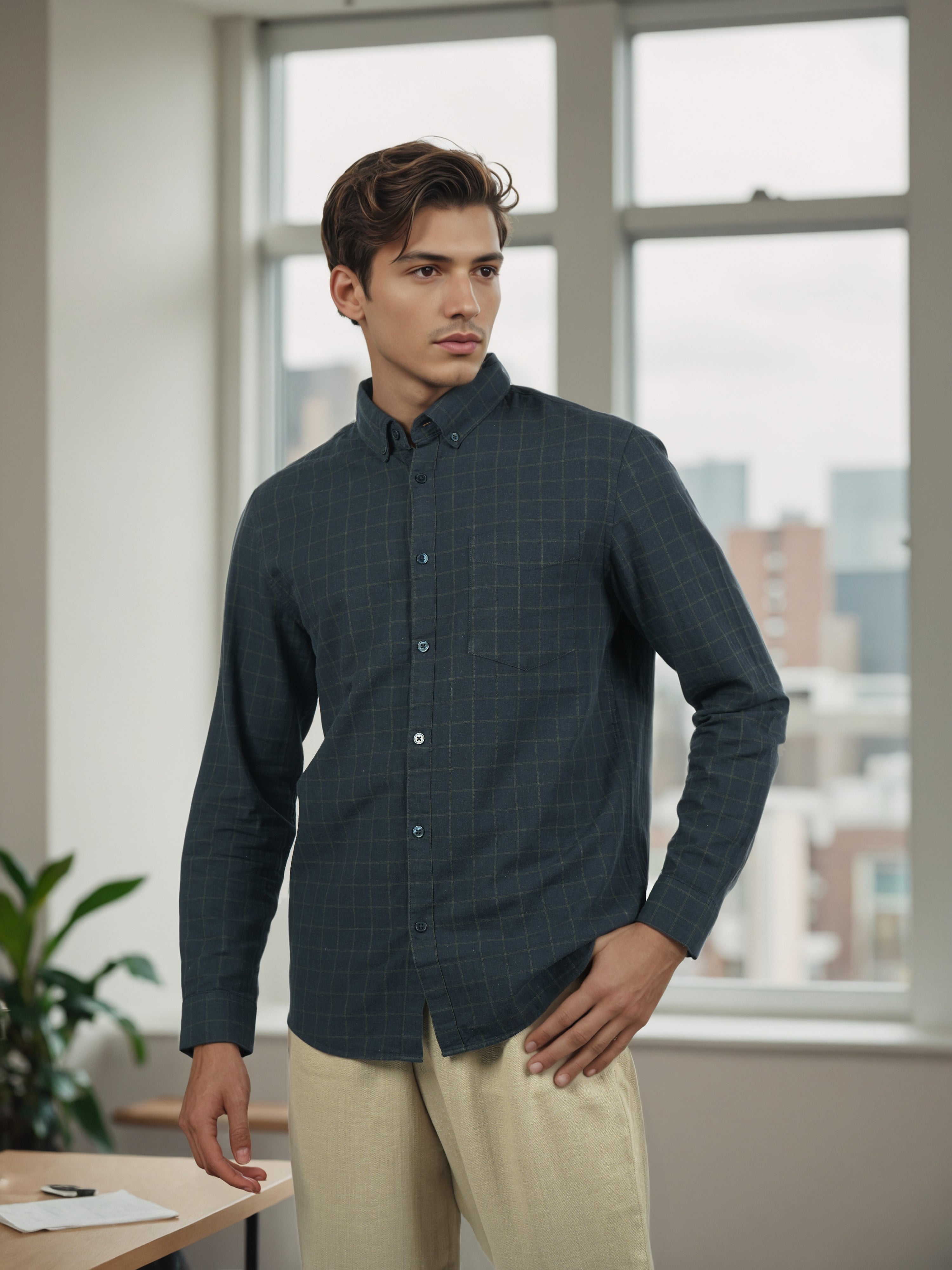 Celio* Men Green Checked Regular Fit Cotton Shirts