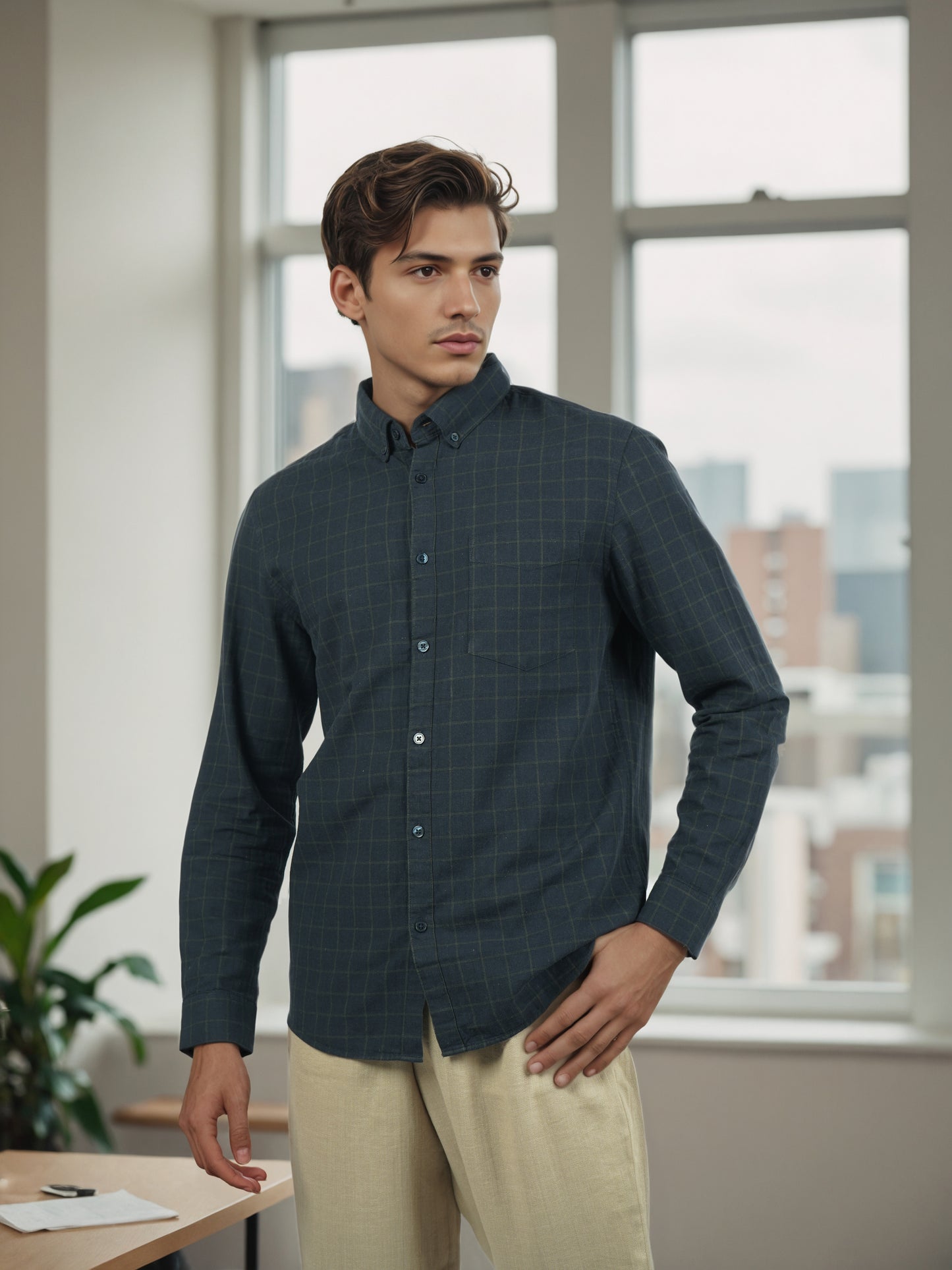 Celio* Men Green Checked Regular Fit Cotton Shirts