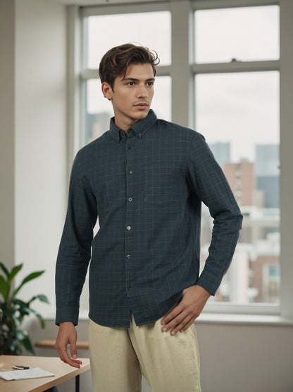 Celio* Men Green Checked Regular Fit Cotton Shirts