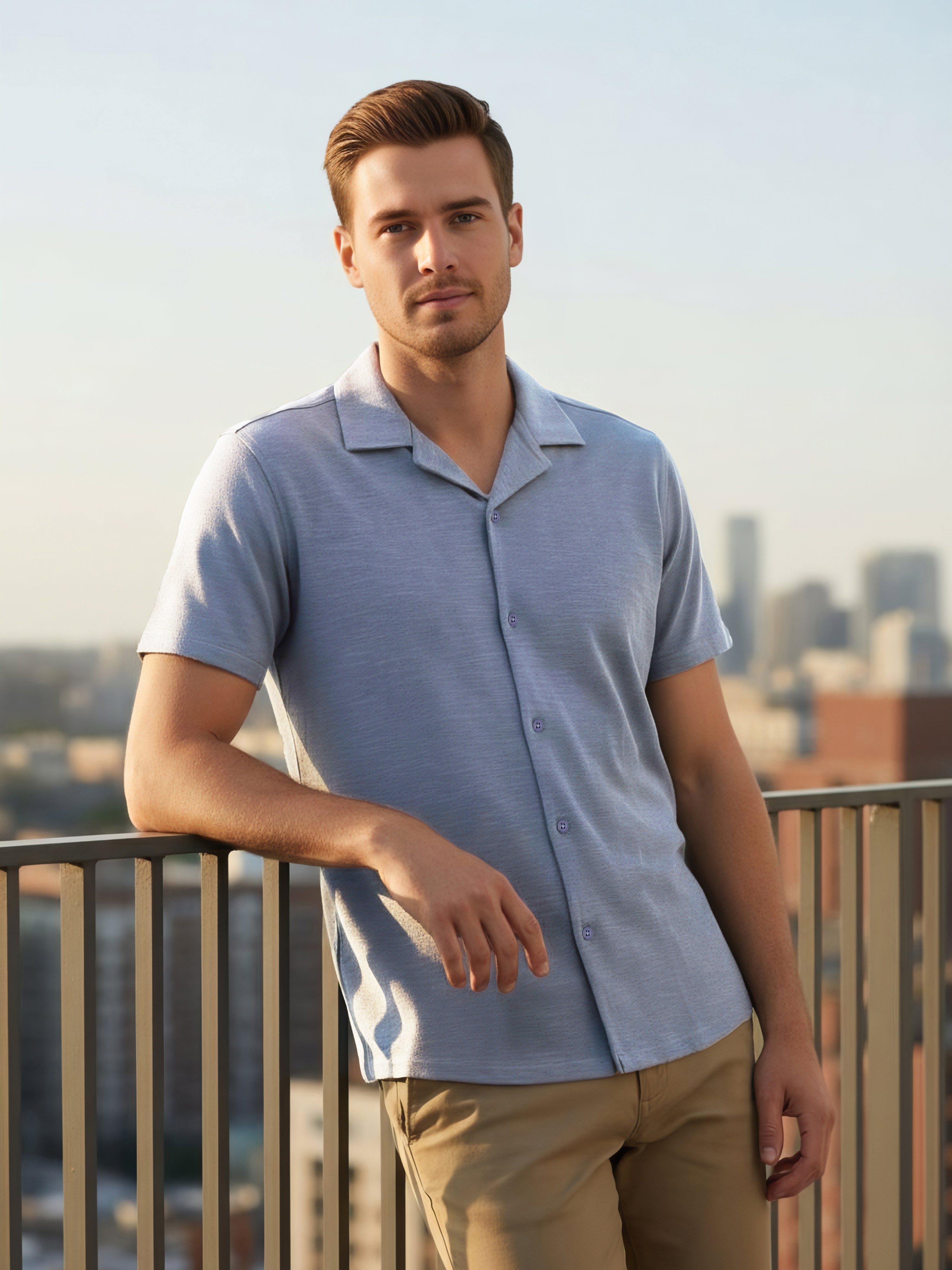 Celio Men Blue Solid Regular Fit Cotton-Poly-Blend Shirts