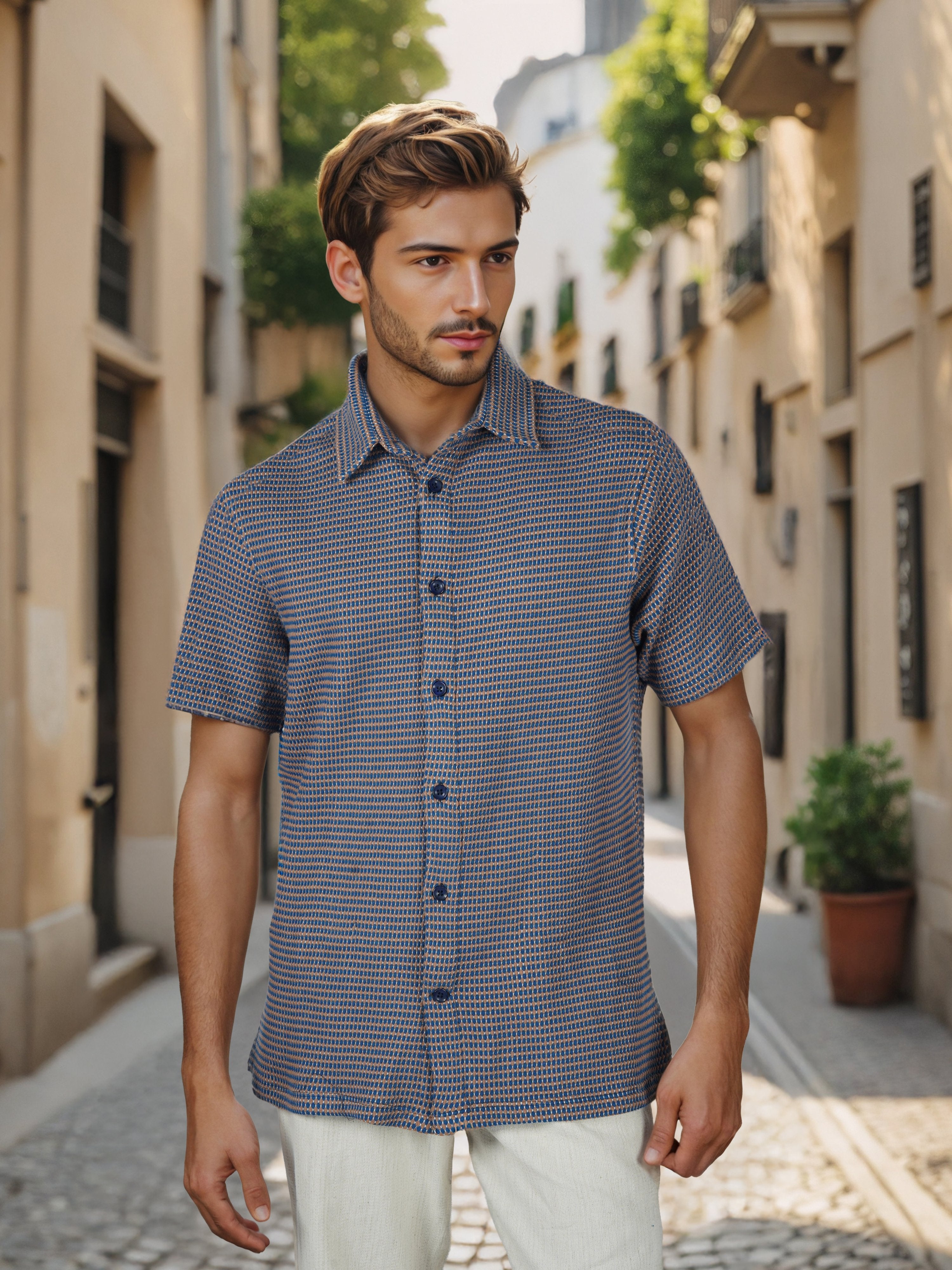 Celio* Men Blue Striped Regular Fit Cotton Shirts