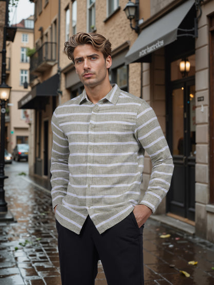 Celio* Men Green Striped Slim Fit Cotton Shirt