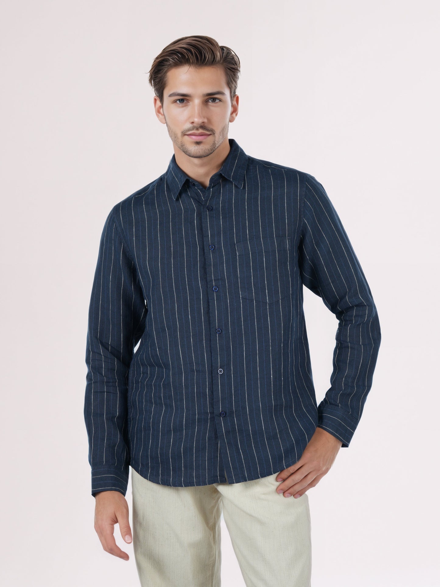 Celio* Men Navy Blue Striped Regular Fit Linen Shirts