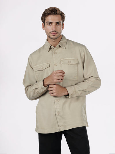 Celio* Men Beige Solid Overshirt Cotton-Tencel-Blend Shirts