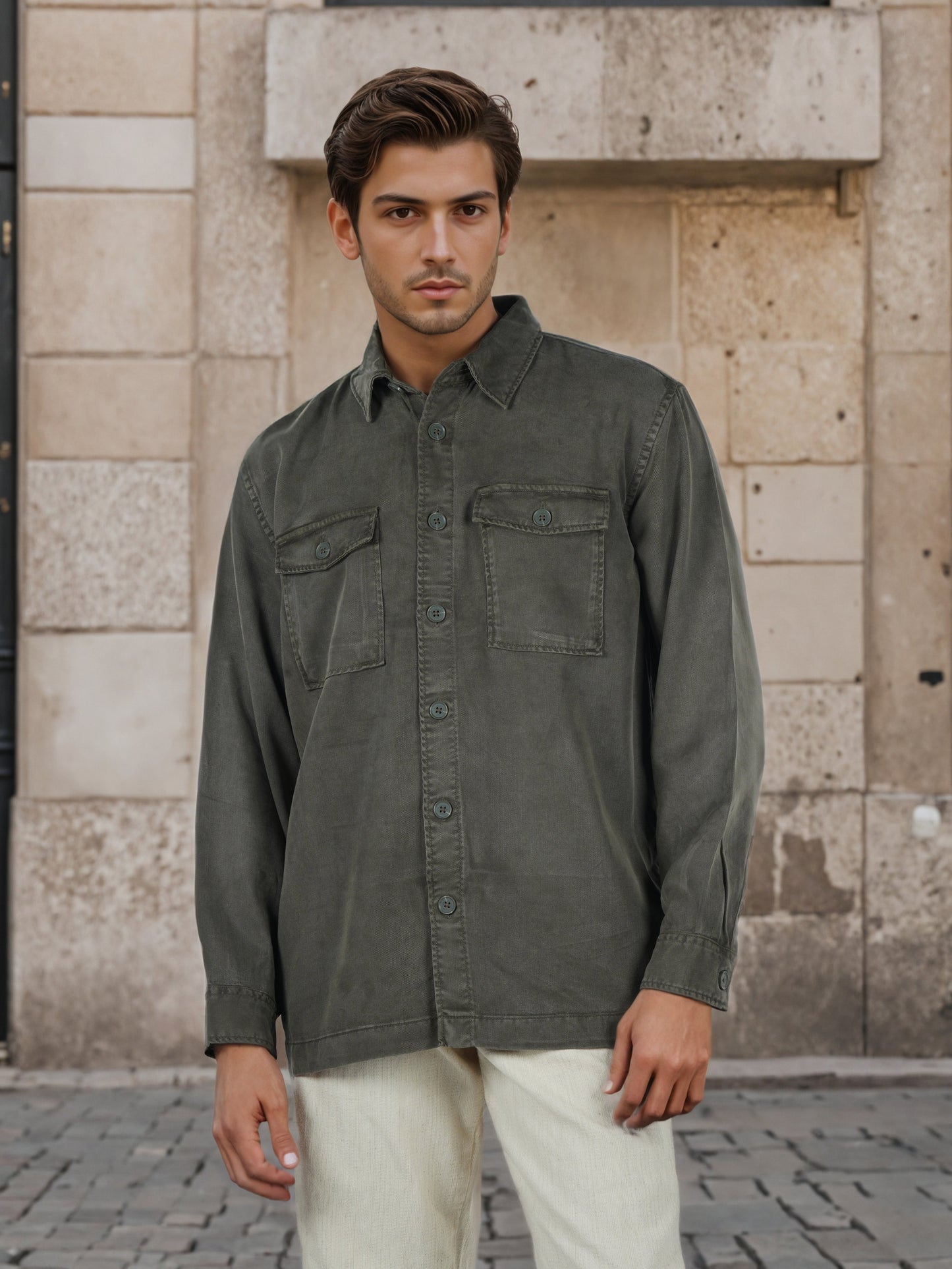Celio* Men Olive Solid Overshirt Cotton-Tencel-Blend Shirts