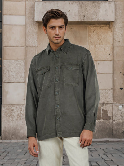 Celio* Men Olive Solid Overshirt Cotton-Tencel-Blend Shirts