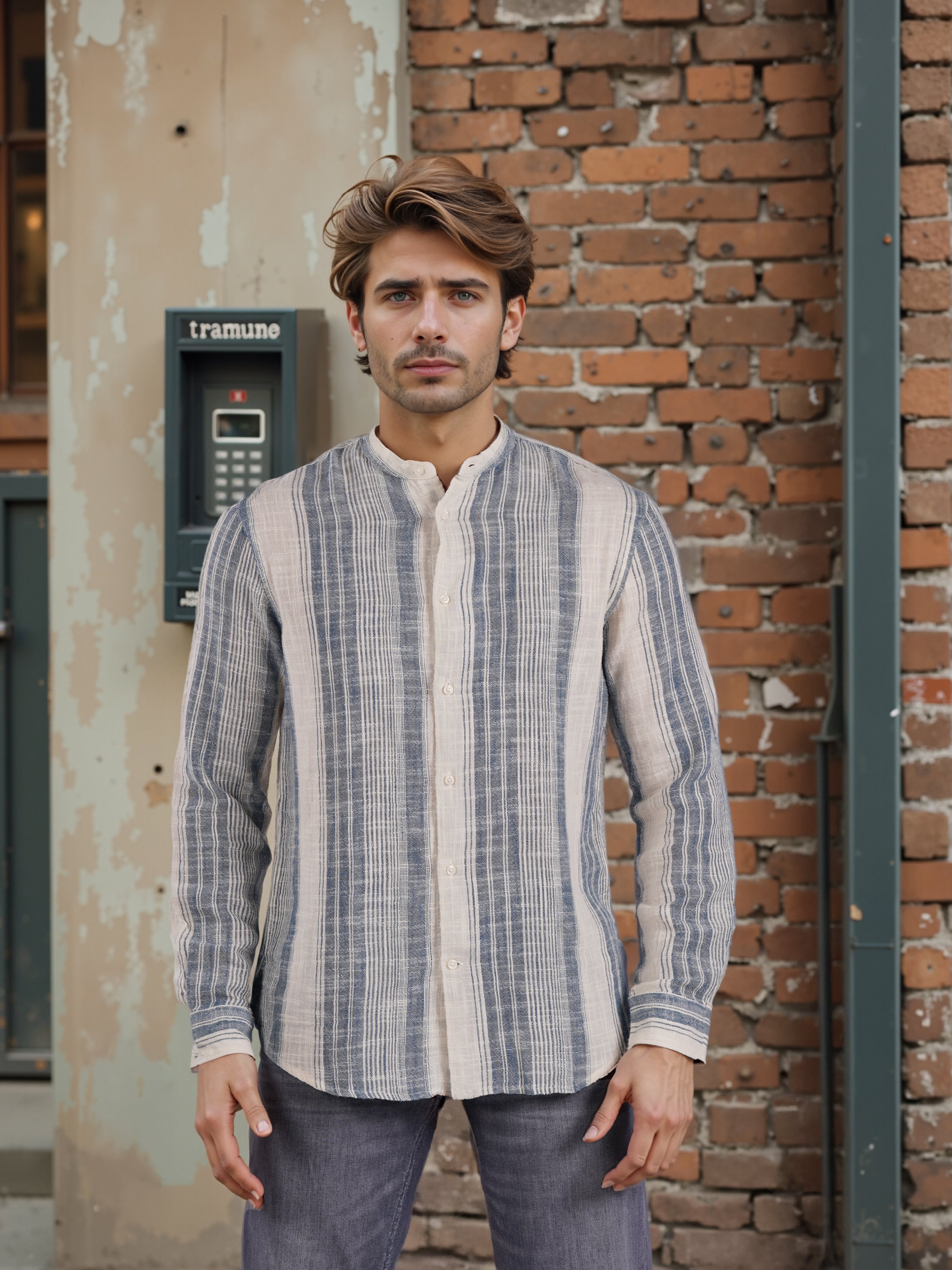 Celio* Men Blue Striped Regular Fit Yarn Dyed Shirt