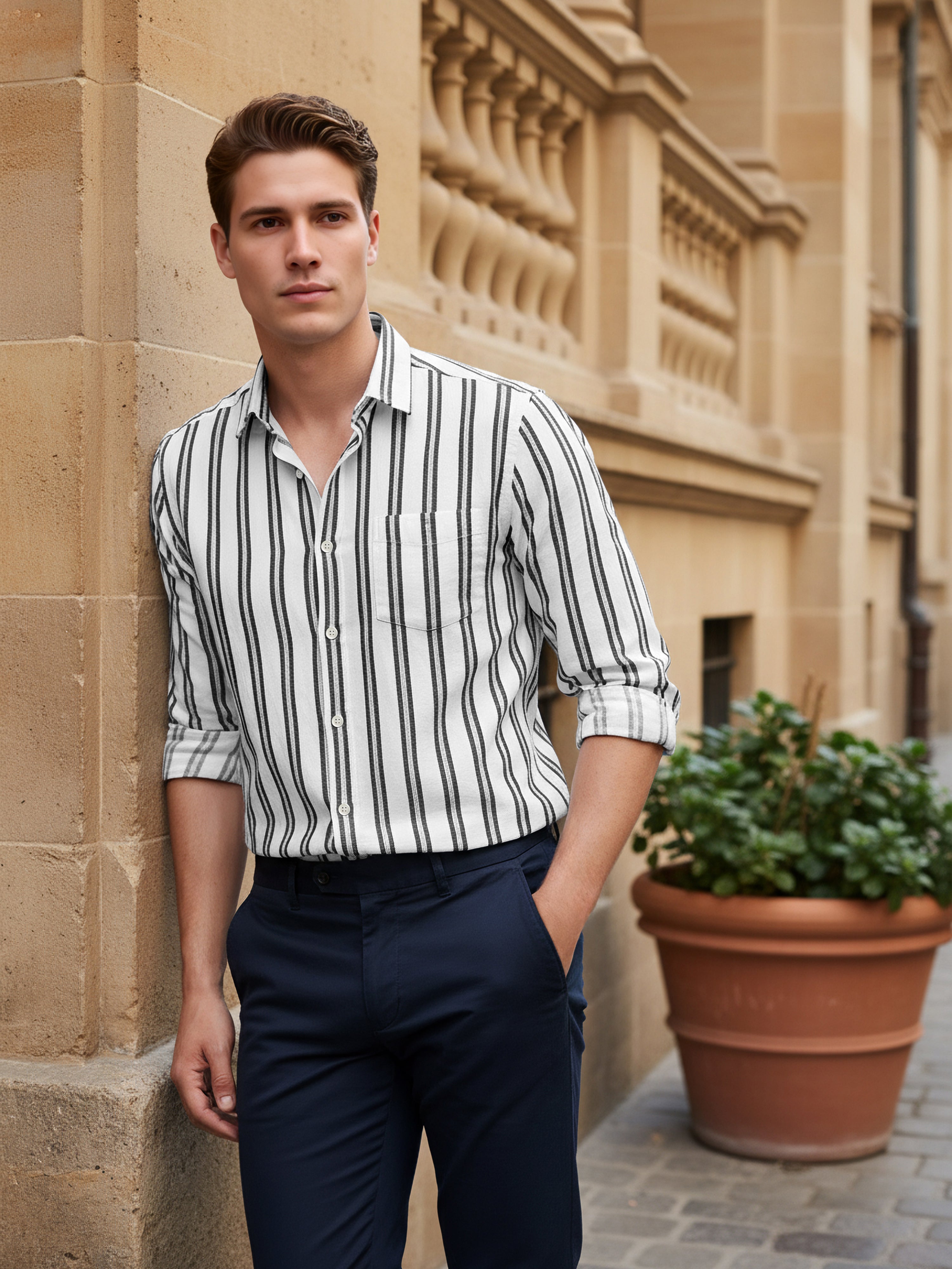 Celio* Men White Striped Regular Fit Cotton Shirts