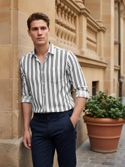 Celio* Men White Striped Regular Fit Cotton Shirts