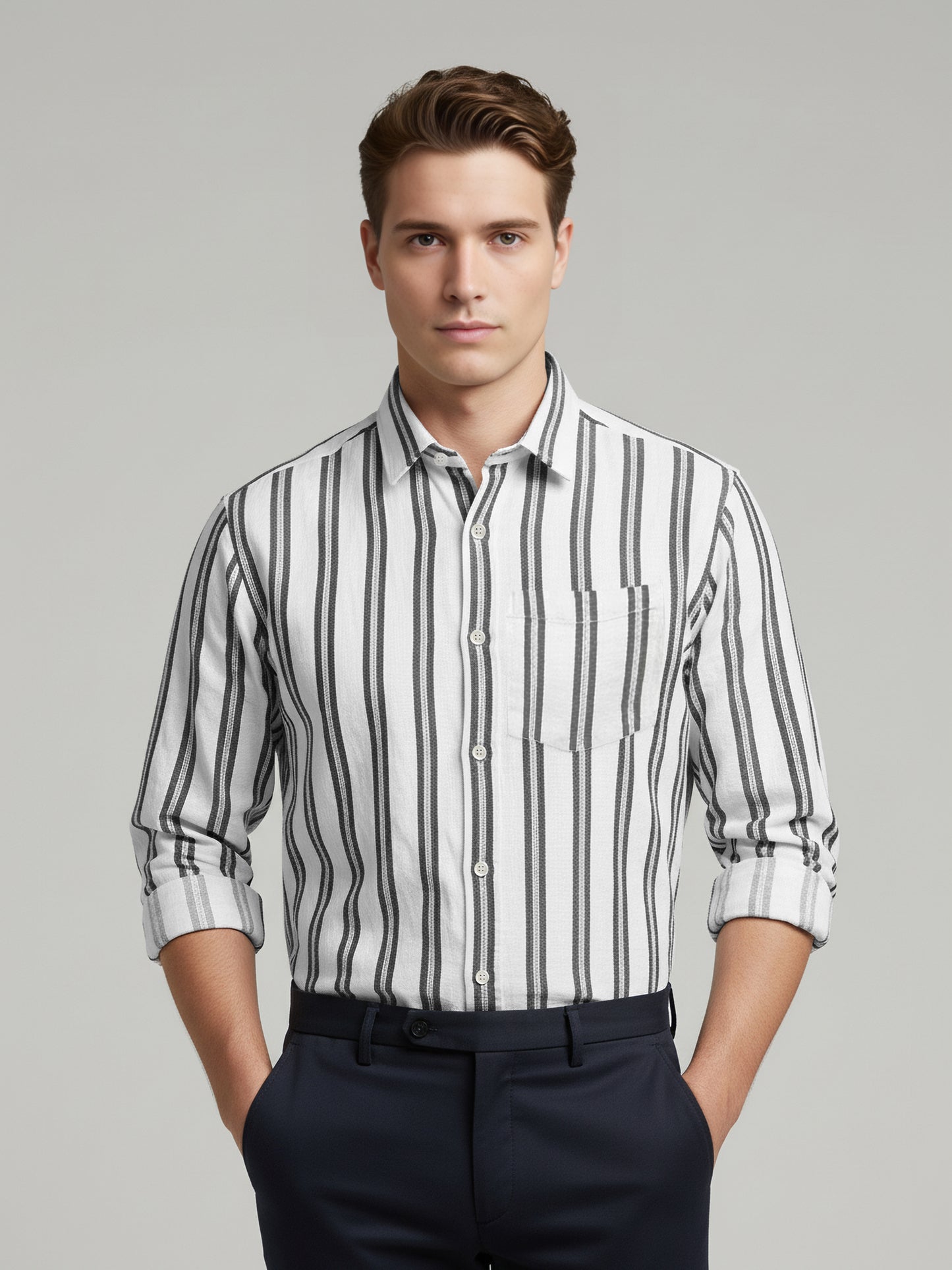 Celio* Men White Striped Regular Fit Cotton Shirts