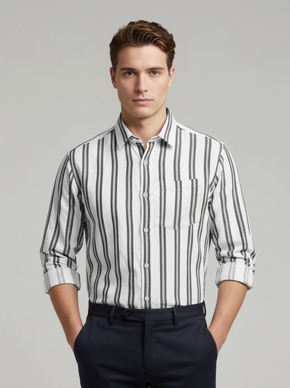 Celio* Men White Striped Regular Fit Cotton Shirts