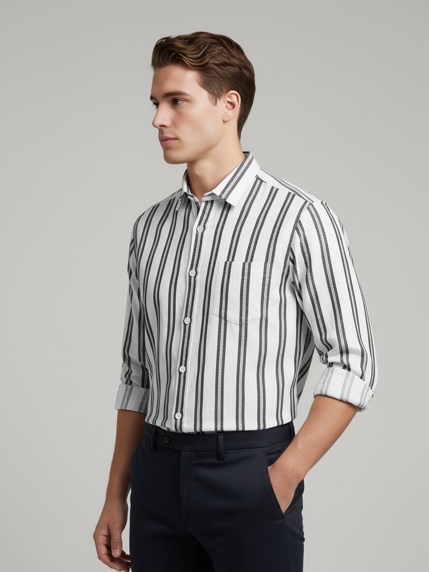 Celio* Men White Striped Regular Fit Cotton Shirts