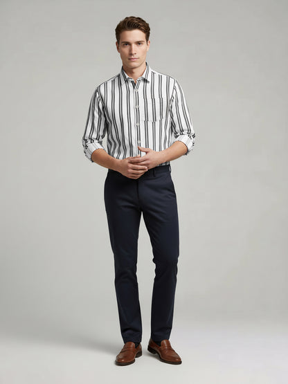 Celio* Men White Striped Regular Fit Cotton Shirts