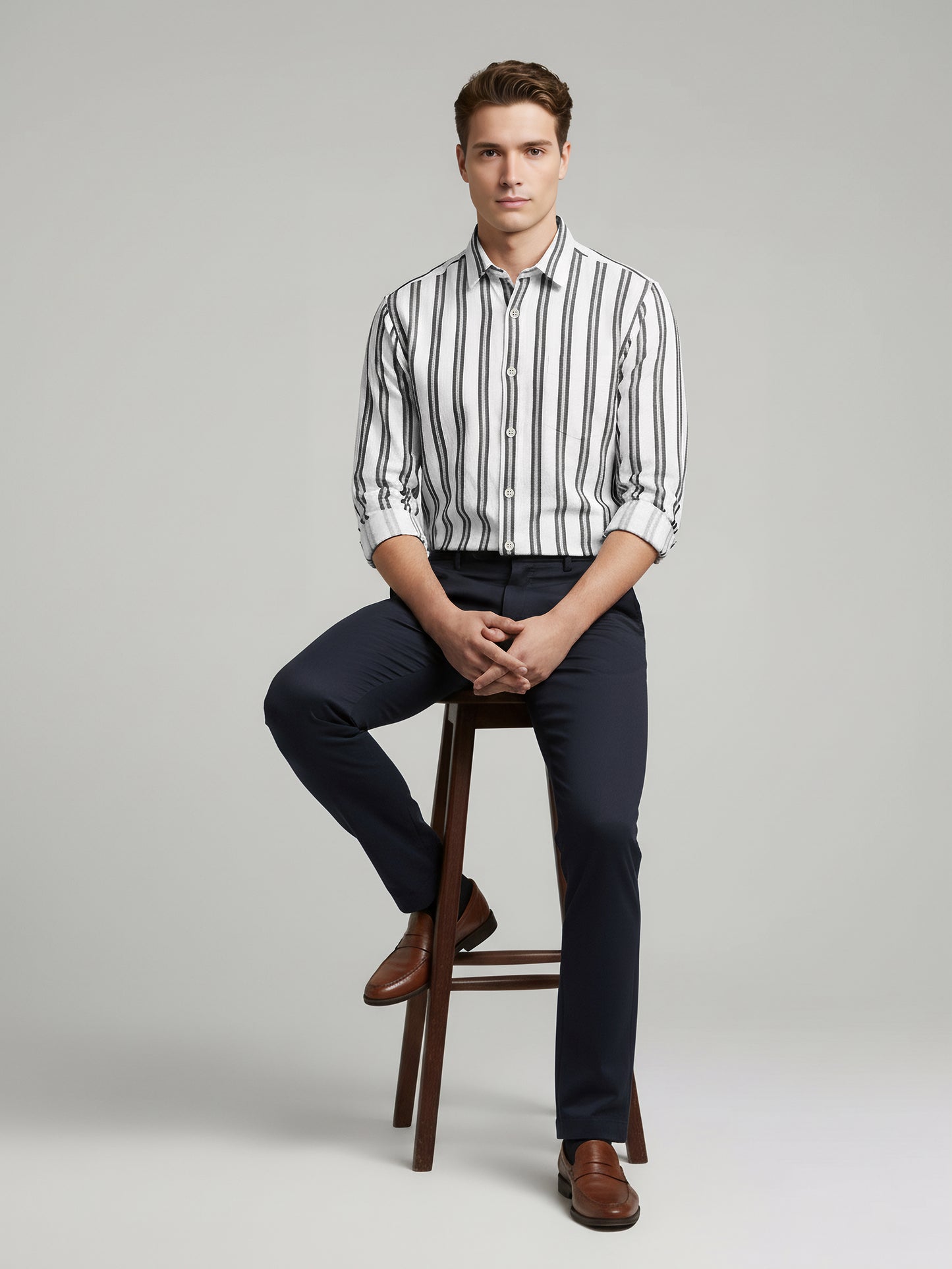 Celio* Men White Striped Regular Fit Cotton Shirts