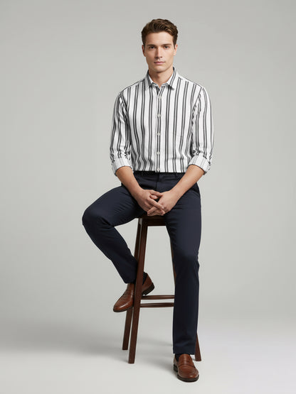 Celio* Men White Striped Regular Fit Cotton Shirts