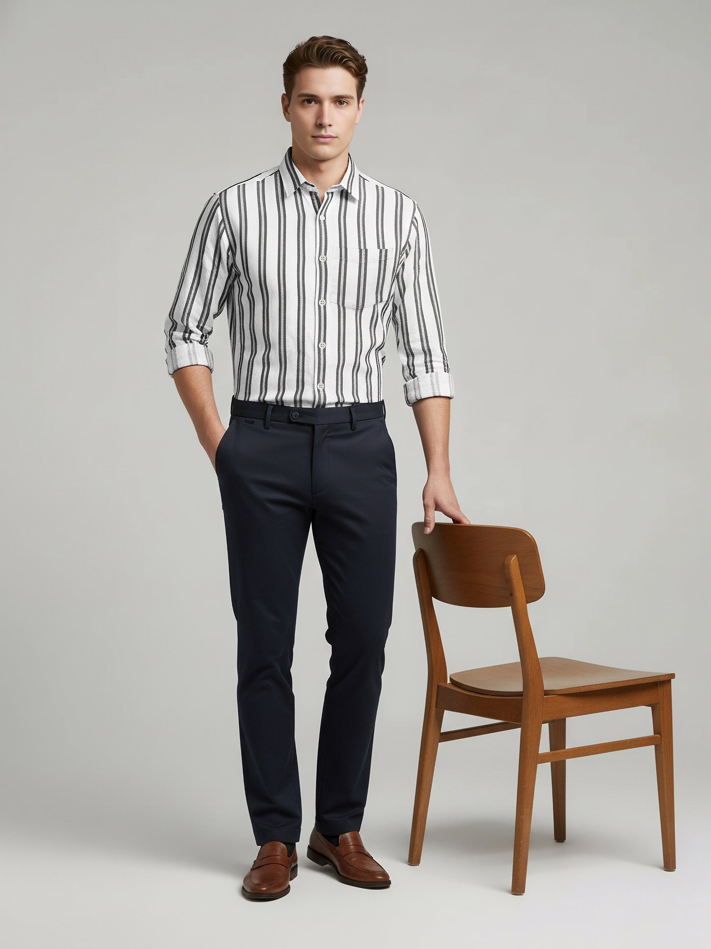 Celio* Men White Striped Regular Fit Cotton Shirts