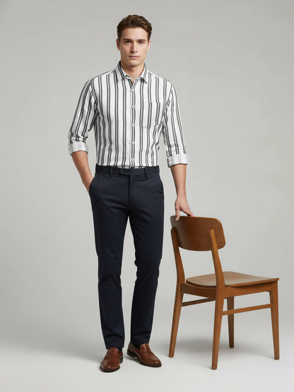 Celio* Men White Striped Regular Fit Cotton Shirts