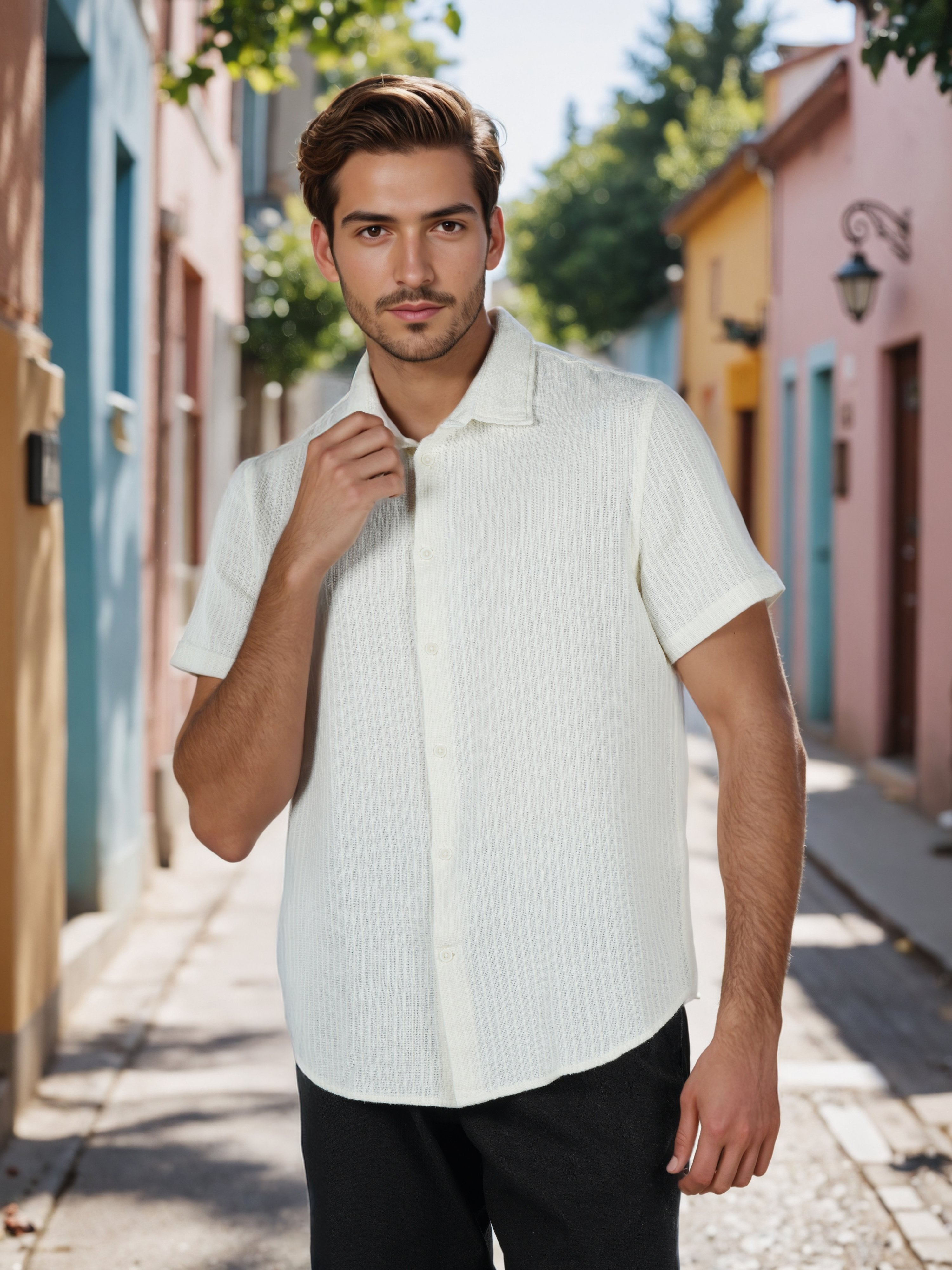 Celio* Men White Striped Regular Fit Cotton Shirts