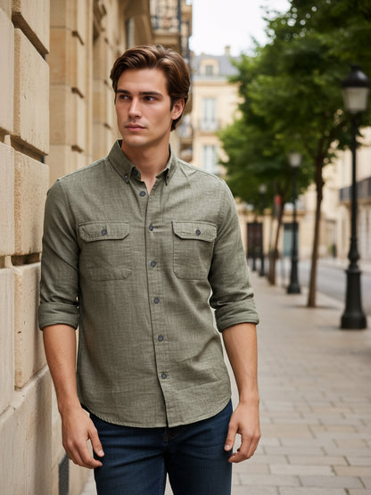 Celio* Men Olive Solid Regular Fit Cotton Shirts