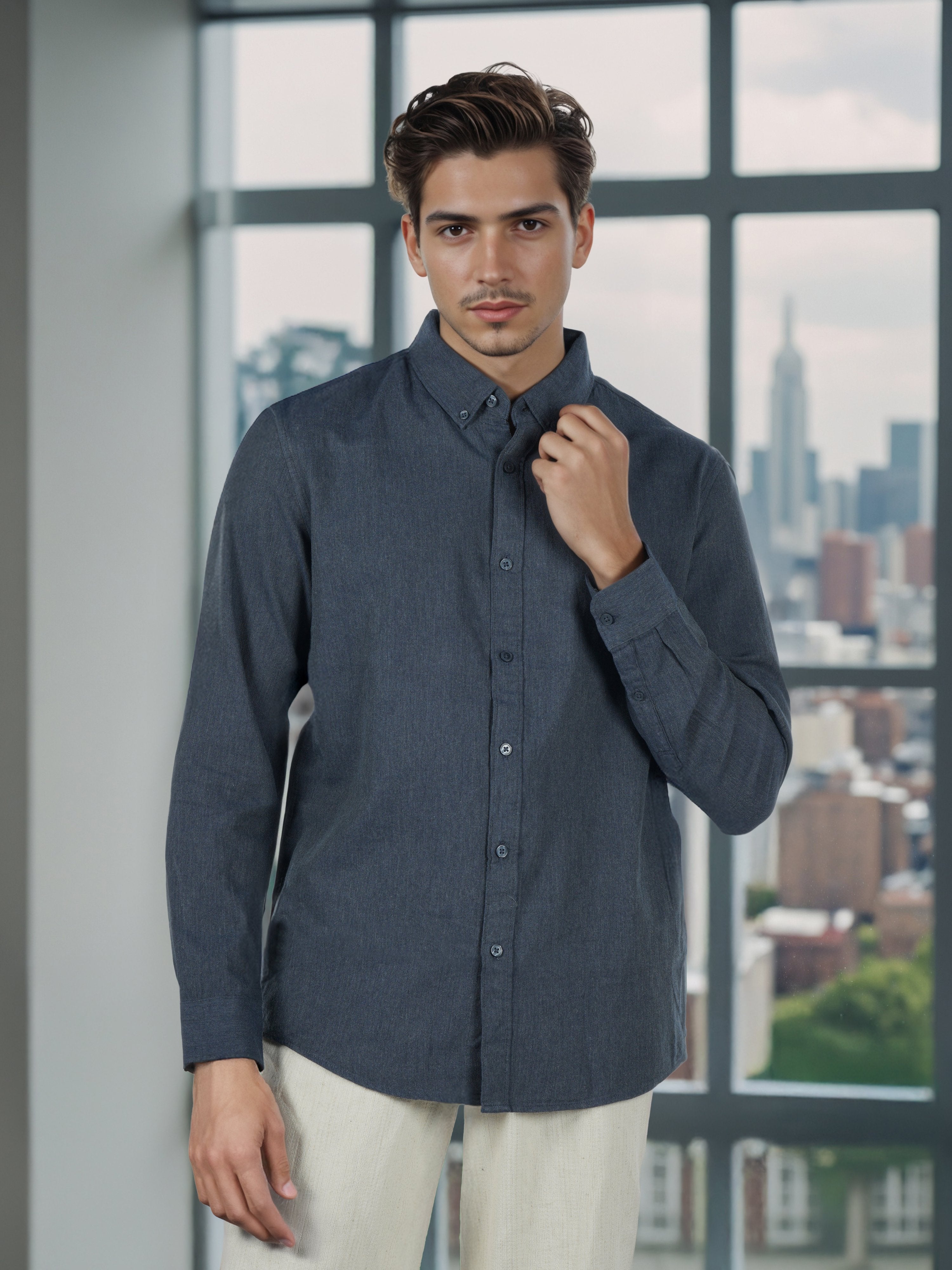 Celio* Men Grey Solid Regular Fit Cotton Shirts