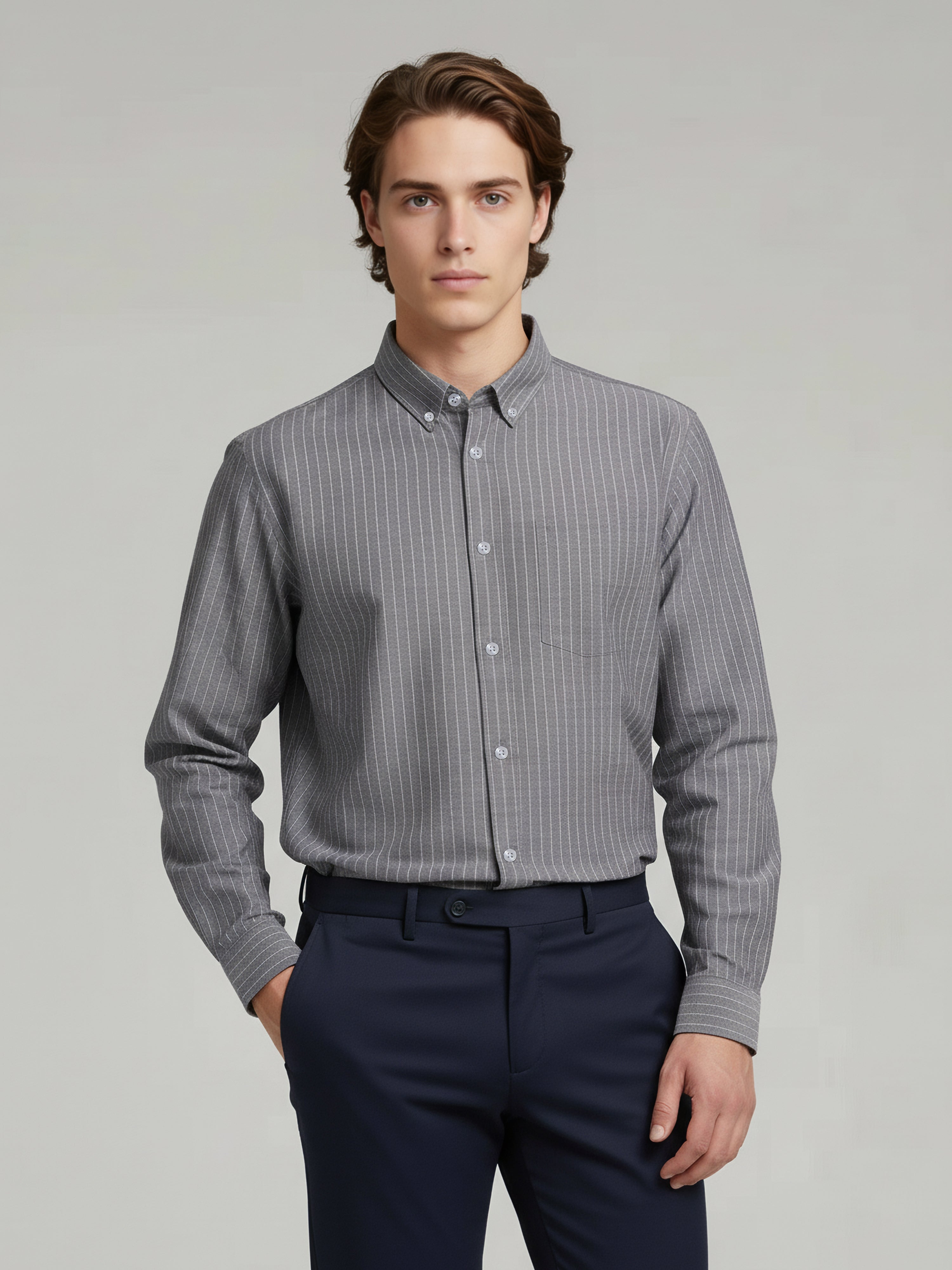 Celio Men Grey Striped Oversize Cotton Shirts