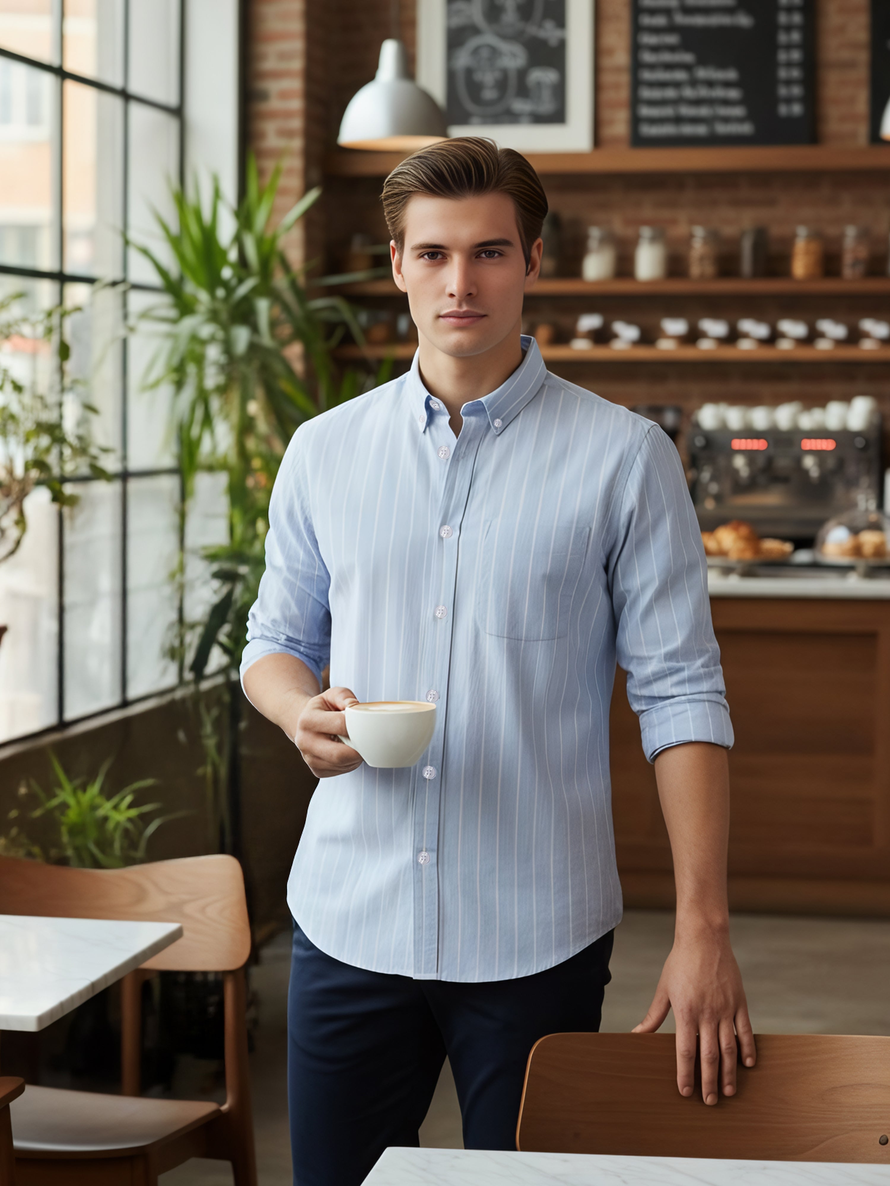 Celio* Men Blue Striped Oversize Cotton Shirts